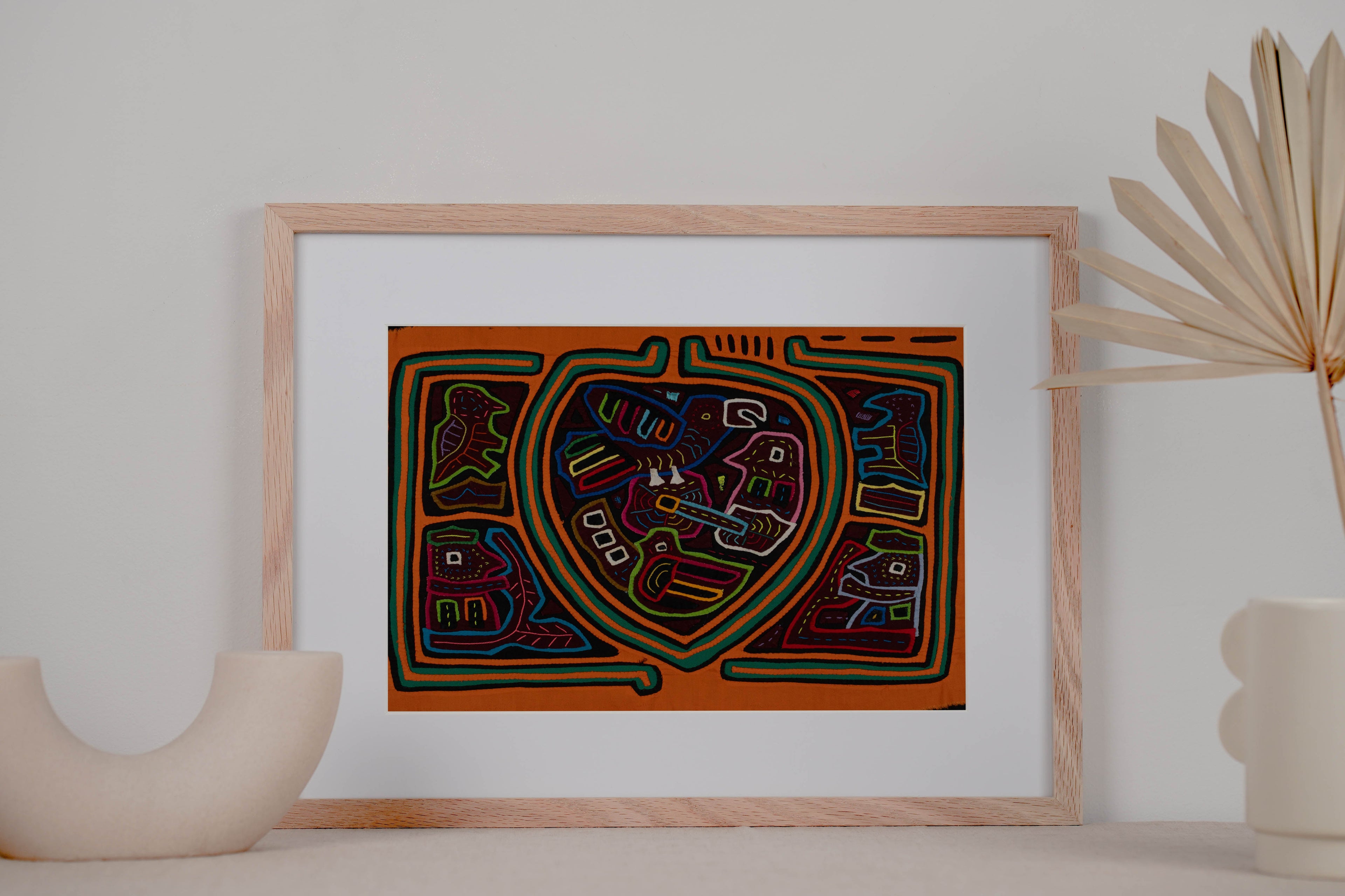 Traditional Orange And Green Bird Mola