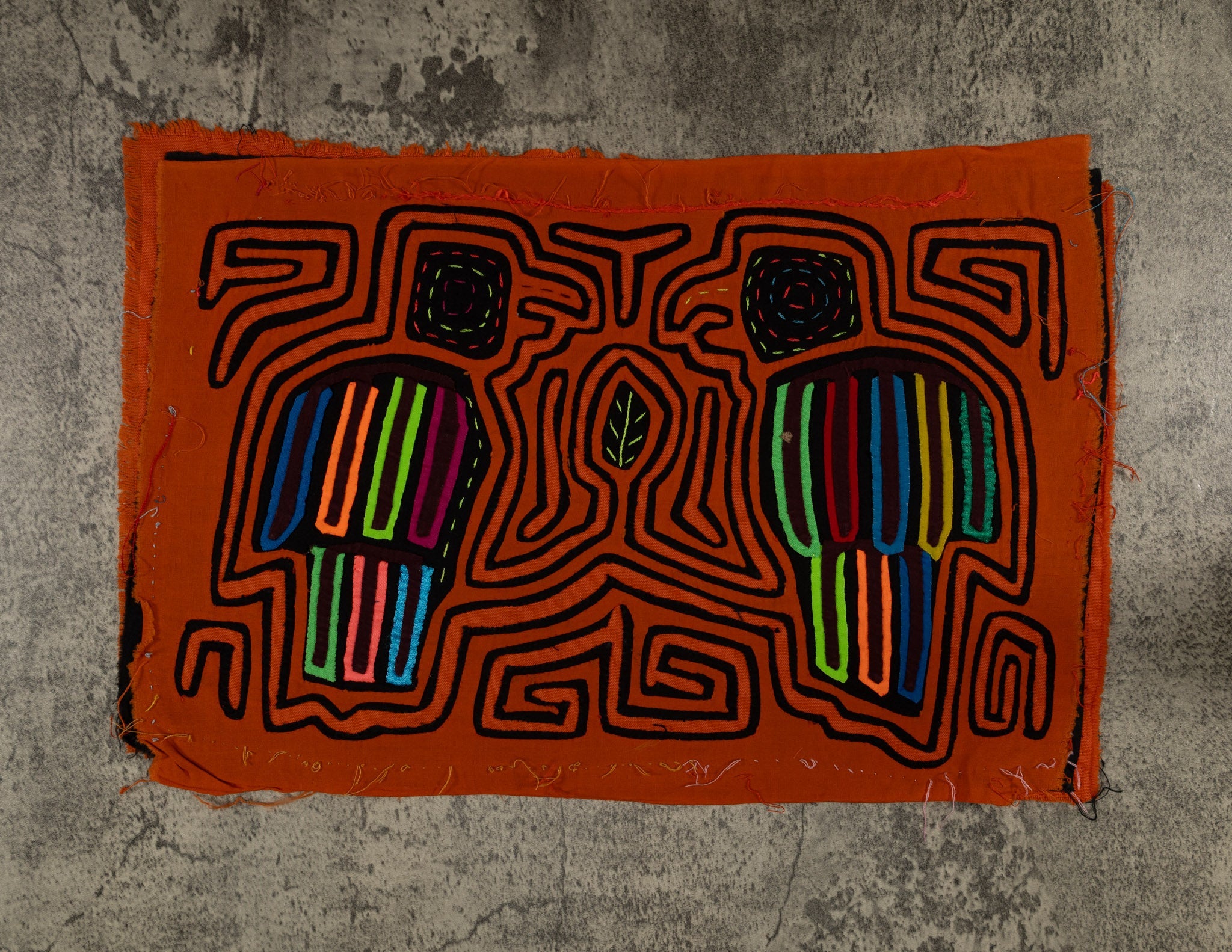 Traditional Orange And Black Bird Talk Mola