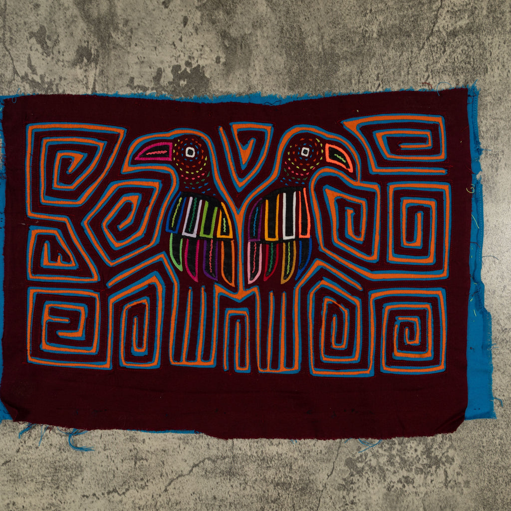Traditional Burgundy Blue And Orange Bird Mola