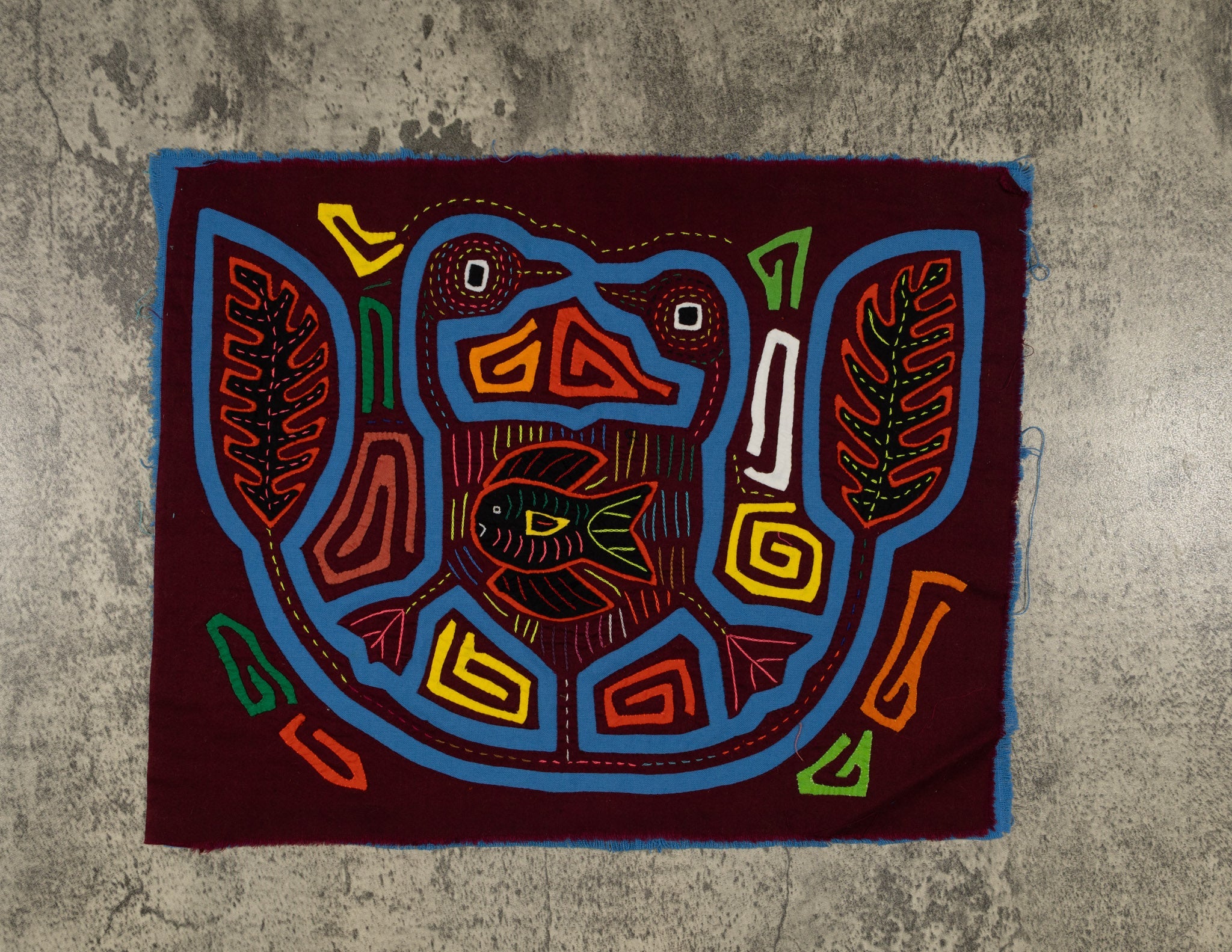 Traditional Burgundy And Turquoise Duck And Fish Mola