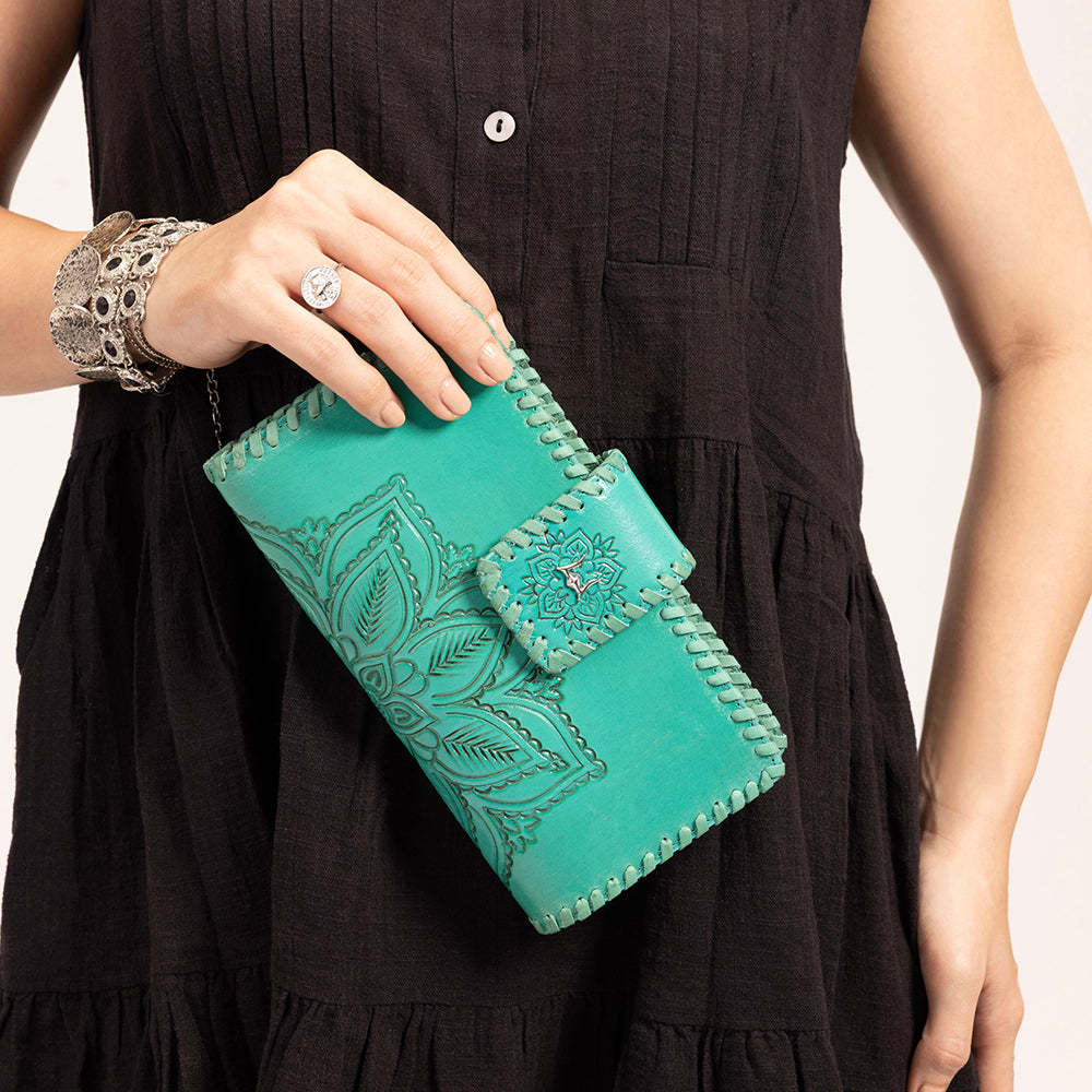 Loyal West Desert Lotus Wallet  - Turquoise  Handtooled Leather & Calfskin