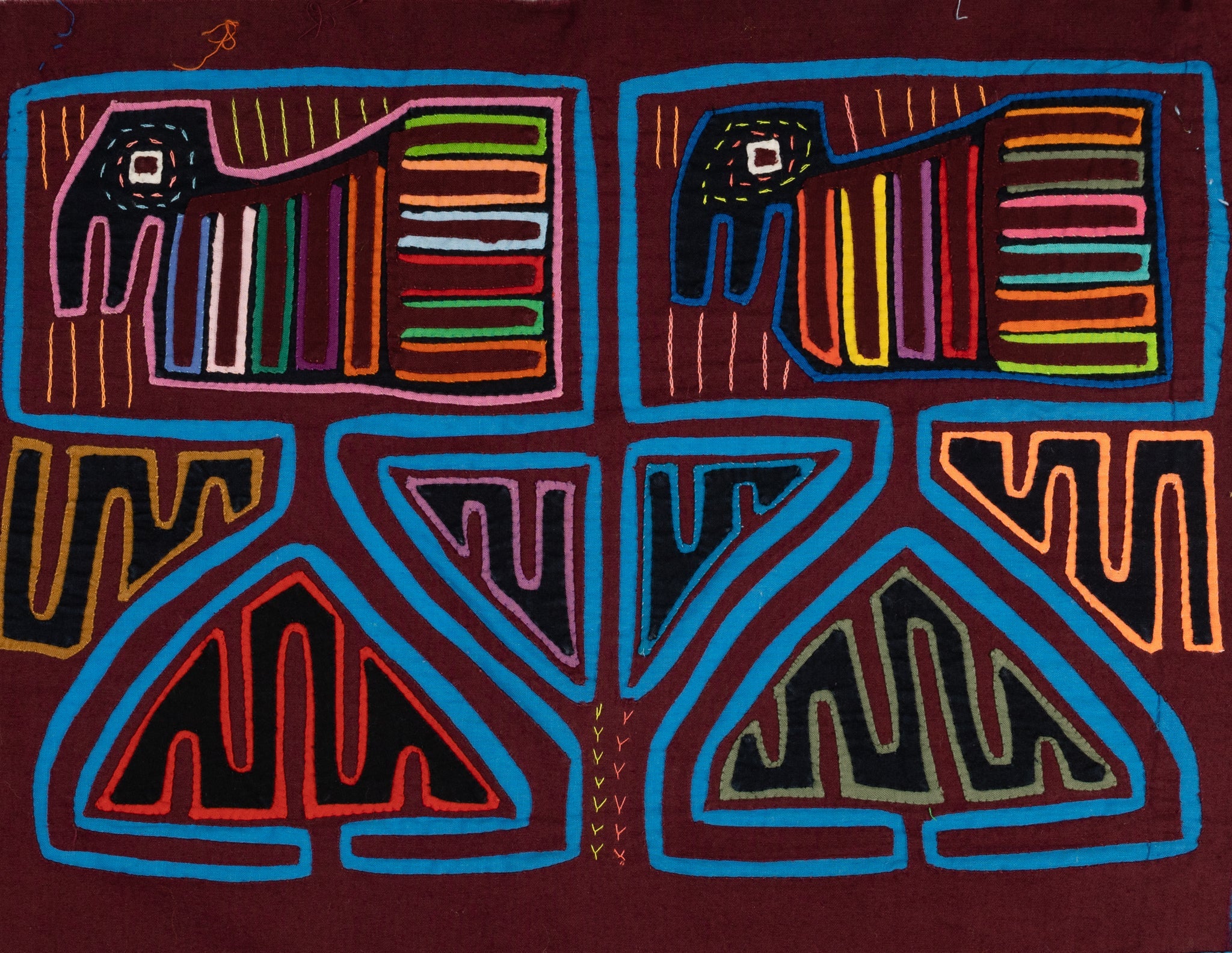 Maroon And Blue Two Birds On Pedestal Mola