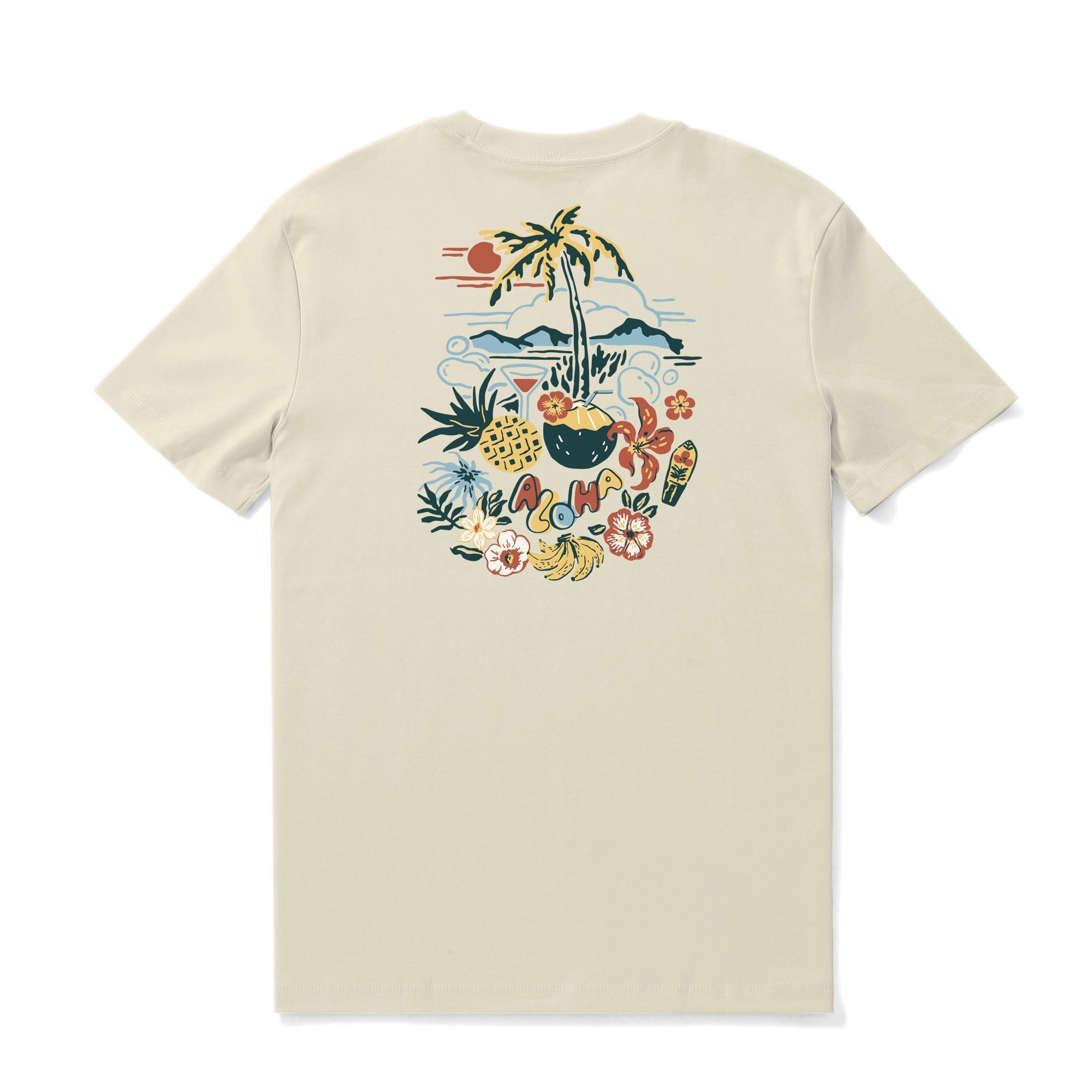 Camiseta Hawaiana de Hombre Estampado Palmeras al Atardecer Cuello Redondo 100% Algodón