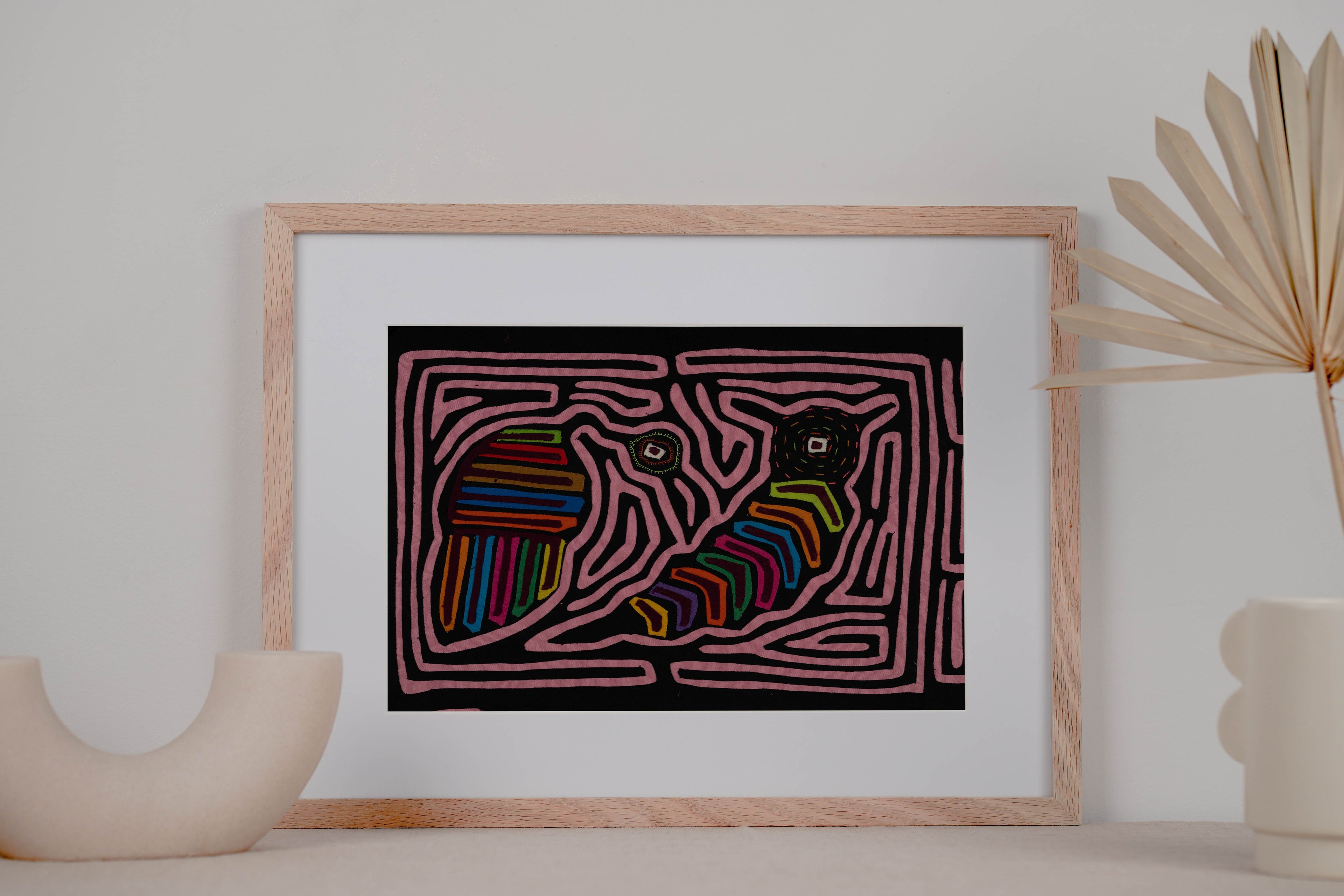 Black And Pink Goonie Bird And Caterpillar Mola