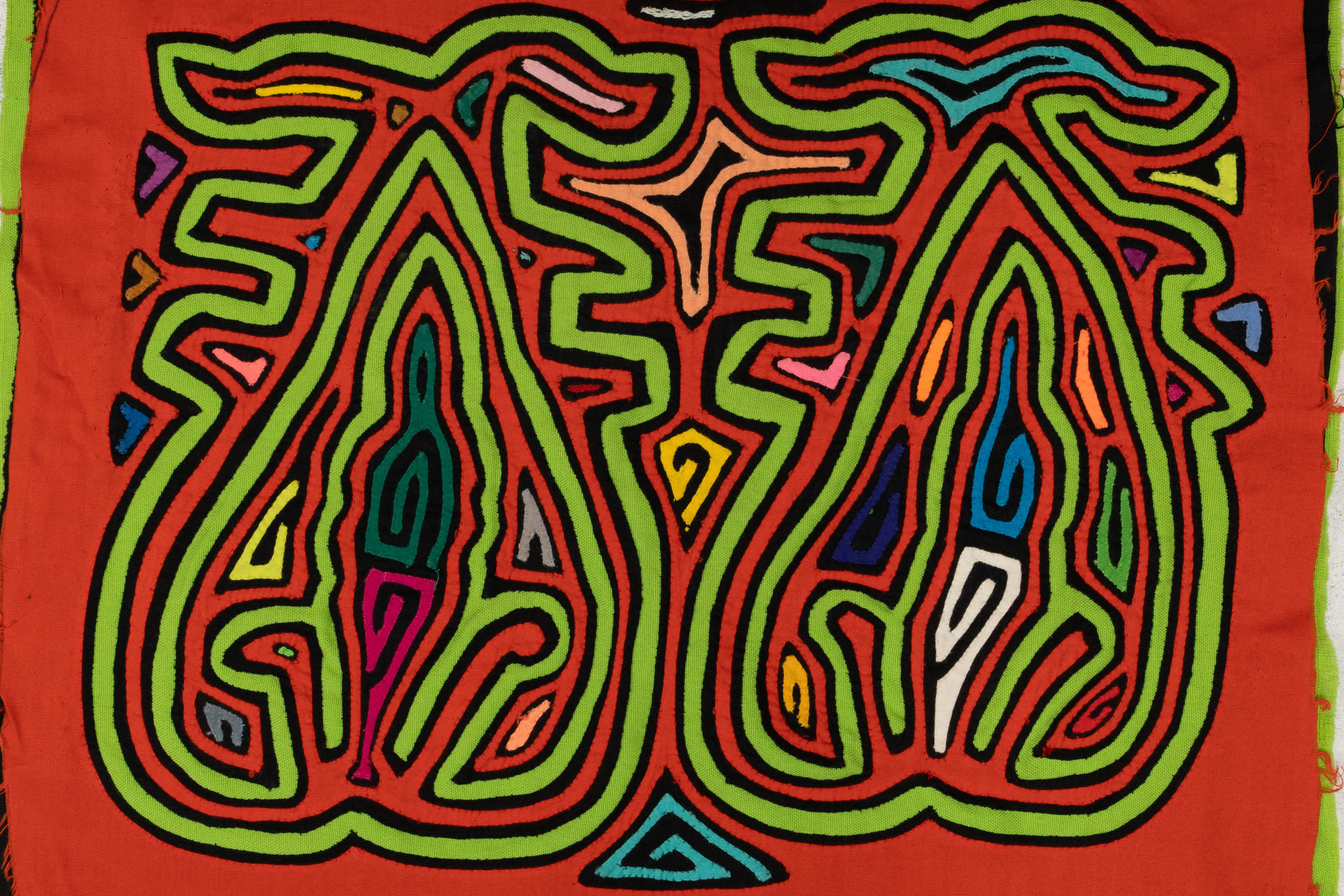 Orange & Green Prancing Blob Mola