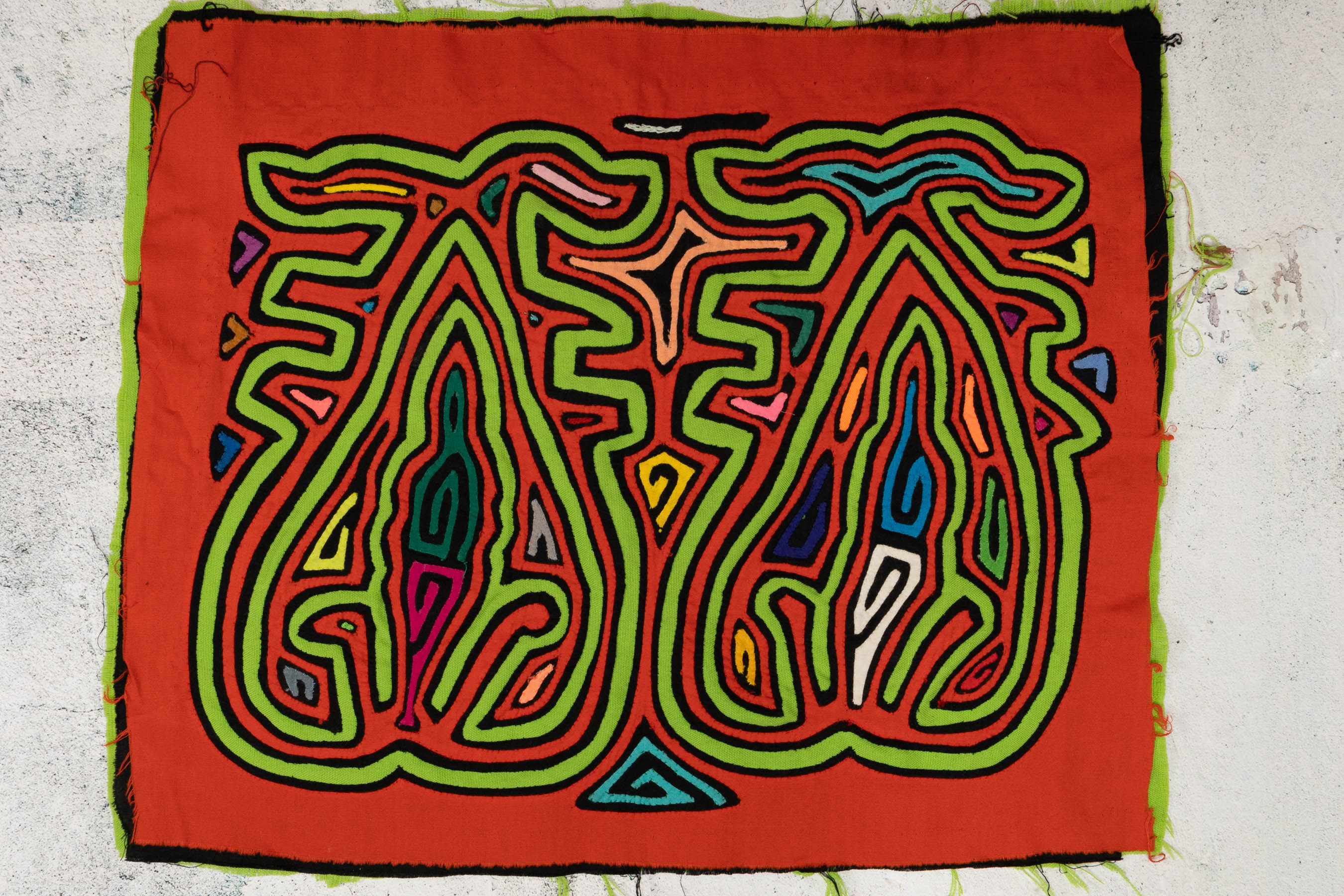 Orange & Green Prancing Blob Mola