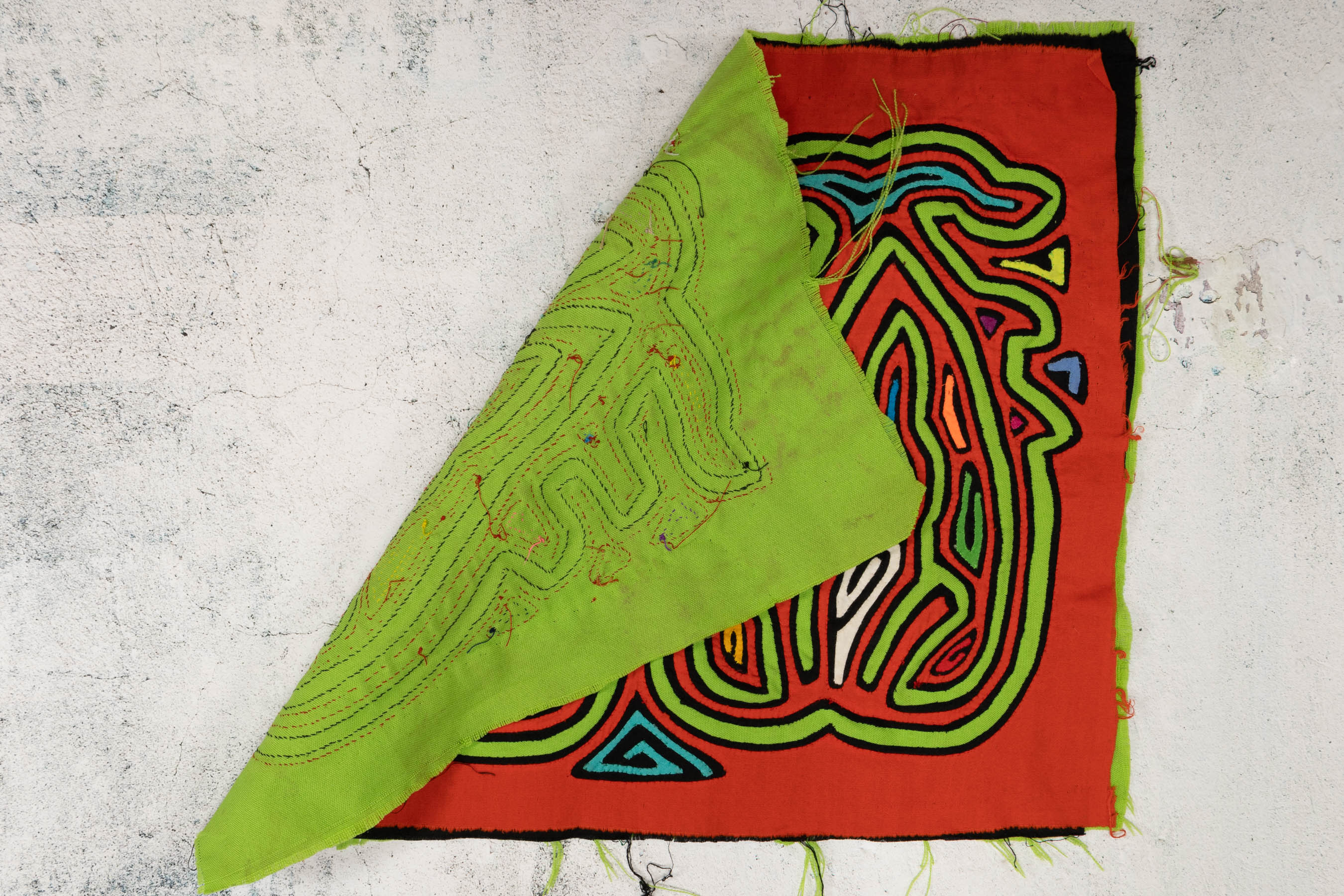 Orange & Green Prancing Blob Mola