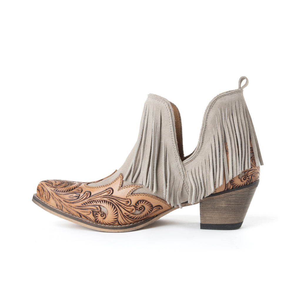Myra Cimarron Belle Fringed Handtooled Leather Booties in Wild Tan
