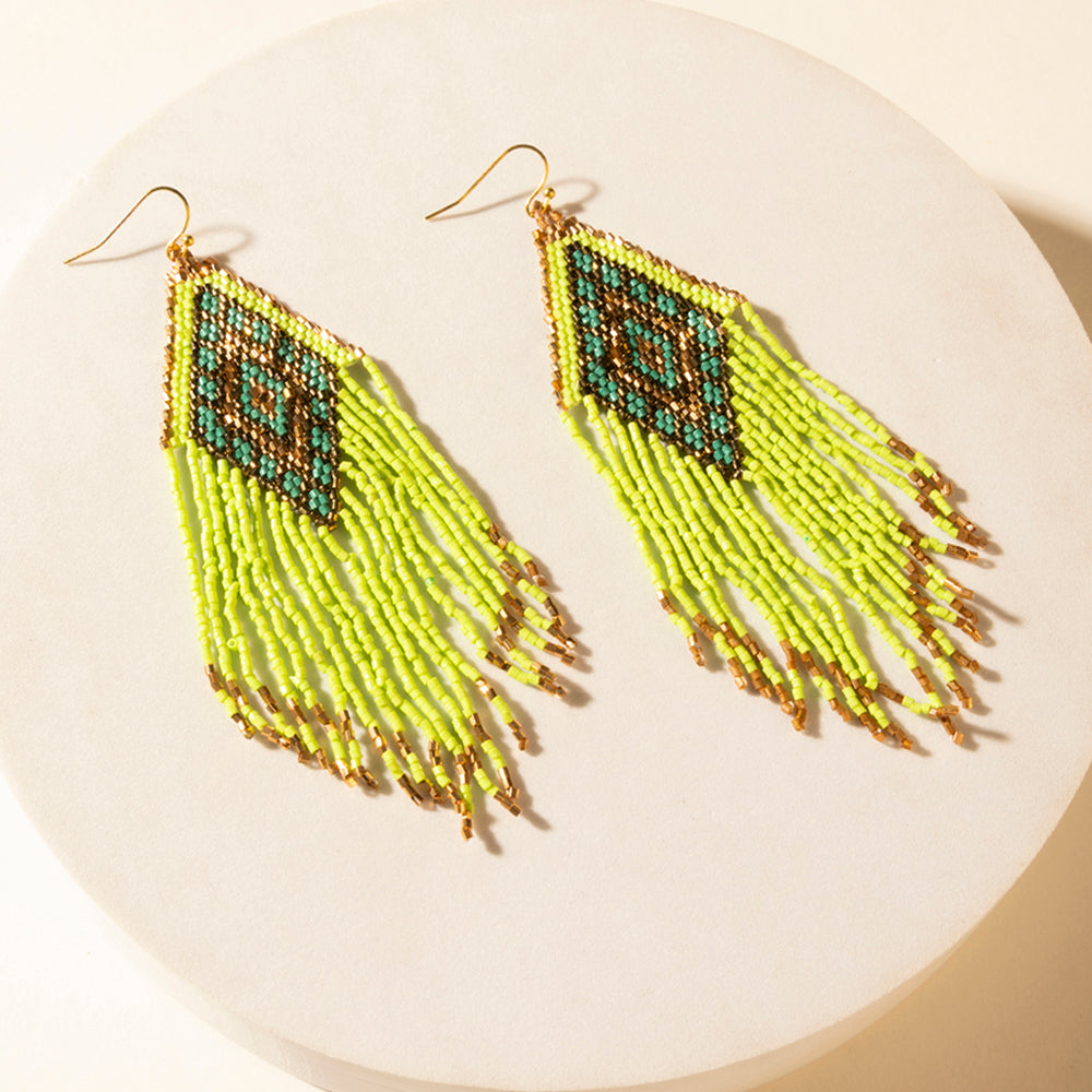 Myra Desert Neon Beaded Fringe Earrings in Glow Green