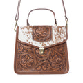 Myra Duchess Hairon Handtooled Flap and Button Leather Satchel in Mocha Cream