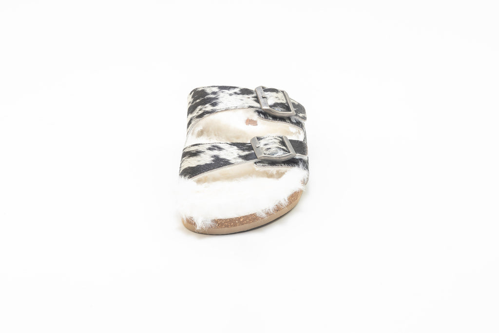Prairie Winds Fur Comfort Hairon Leather Sandals In Black & White