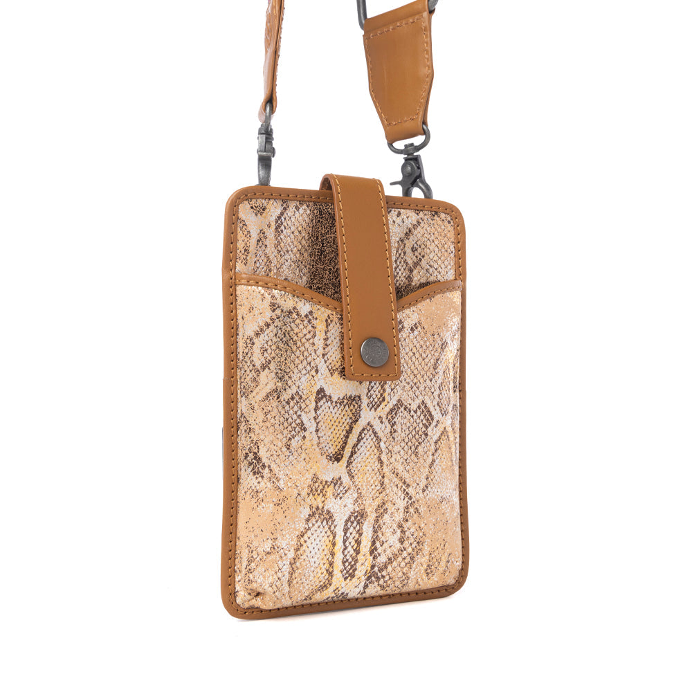 Myra Cedar Snake Print Leather Cell Phone Holder in Toffee Patch