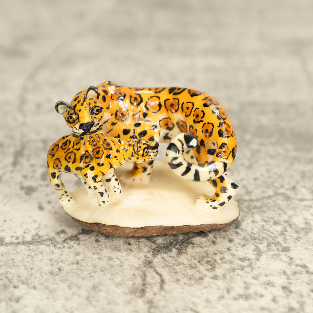 Jaguar Cat With Cub Tagua Nut Carving