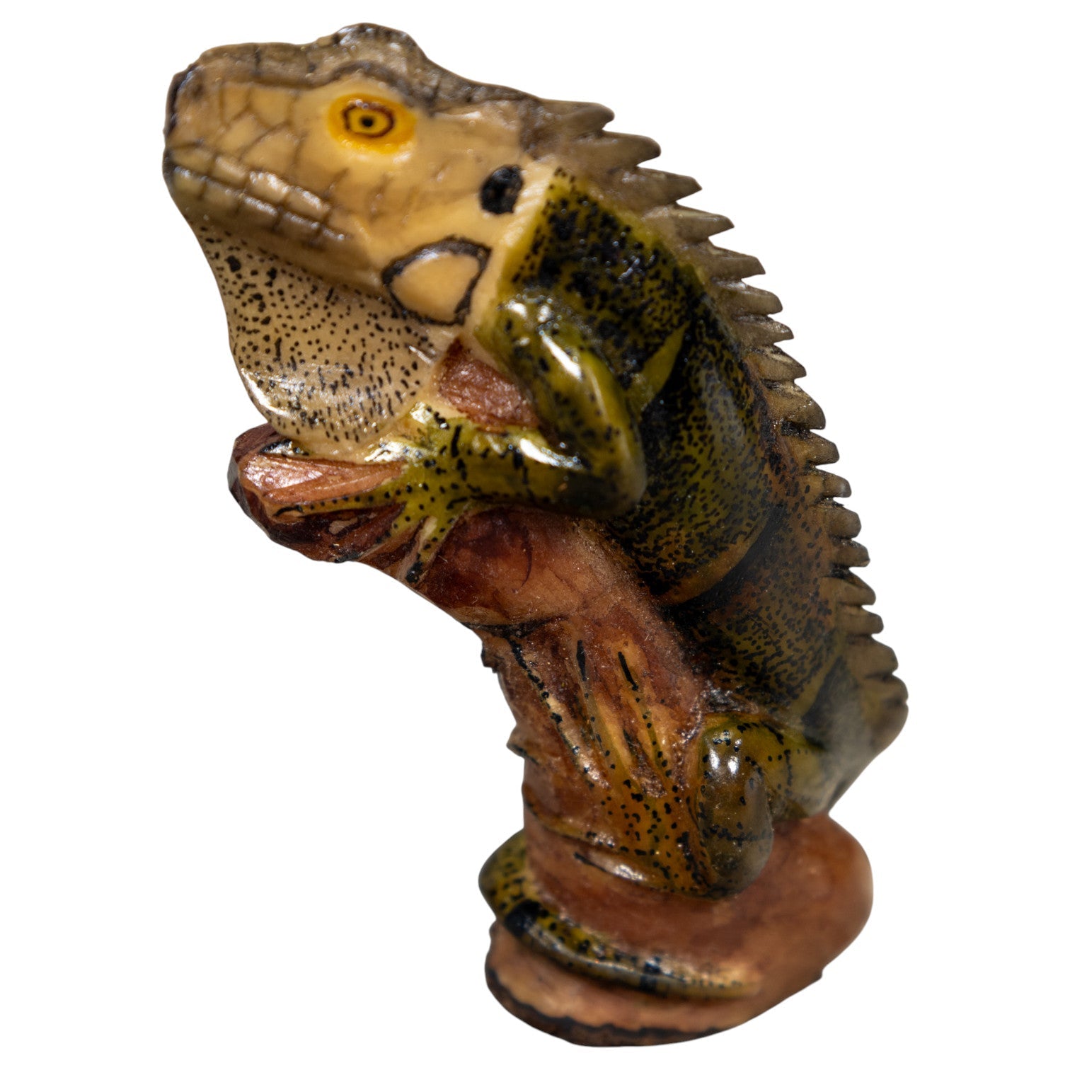 Green Black And Gray Iguana On Pedestal Tagua Carving