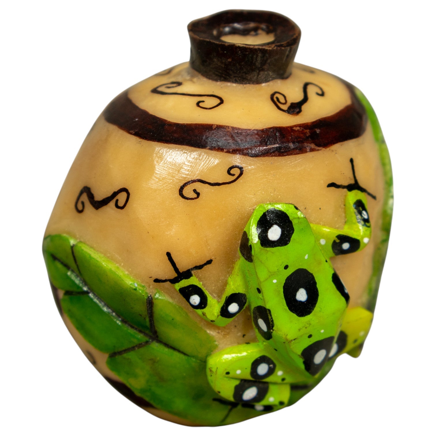 Green Frog On Etched Vase Tagua Carving
