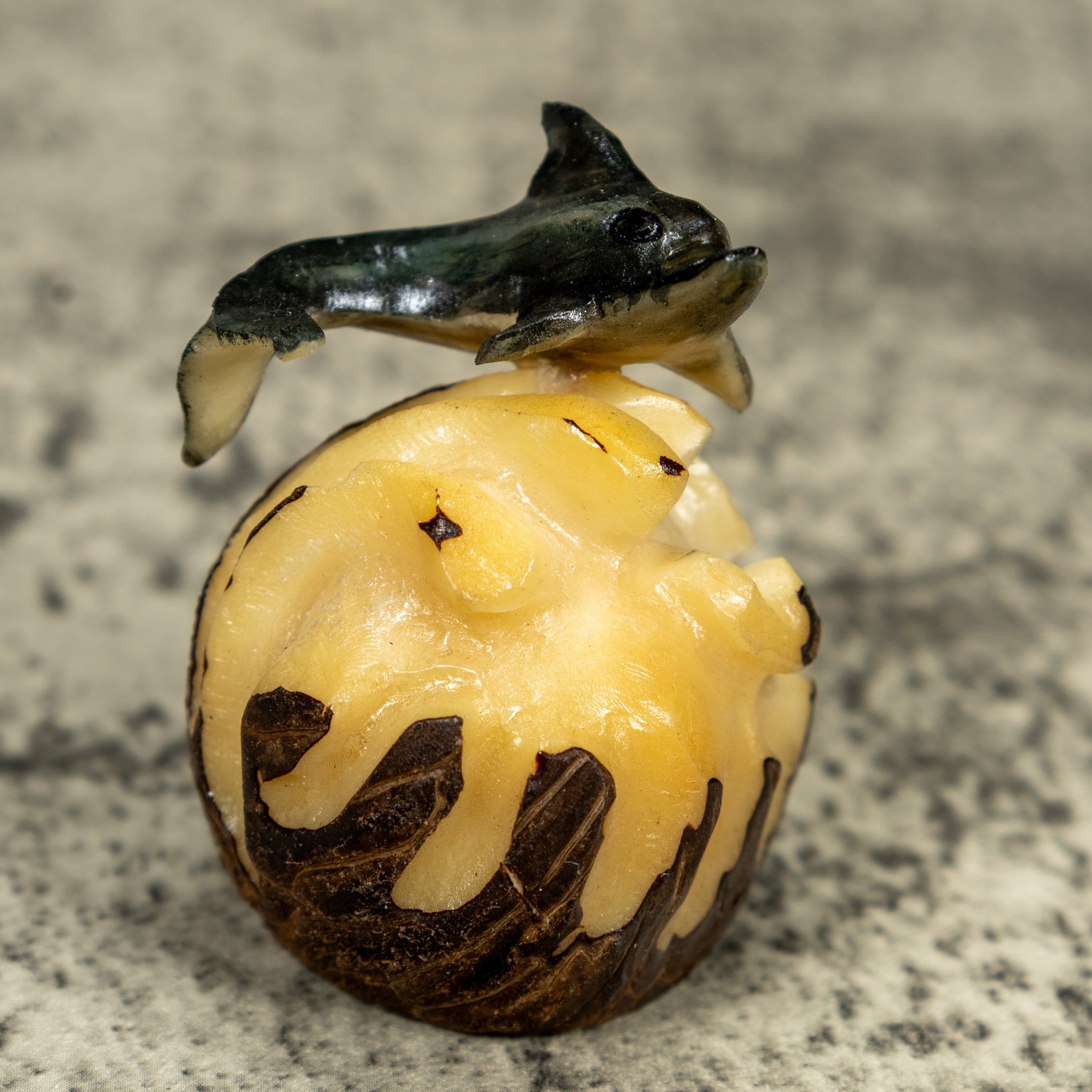 Black And Gray Dolphin Riding Waves Tagua Carving