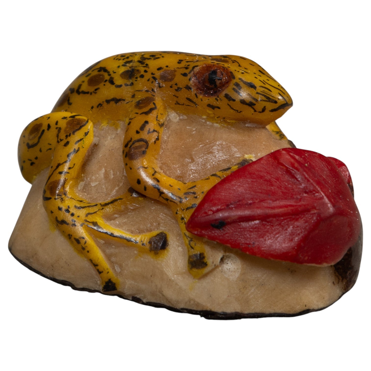 Yellow Black And Red Frog With Foliage Tagua Carving
