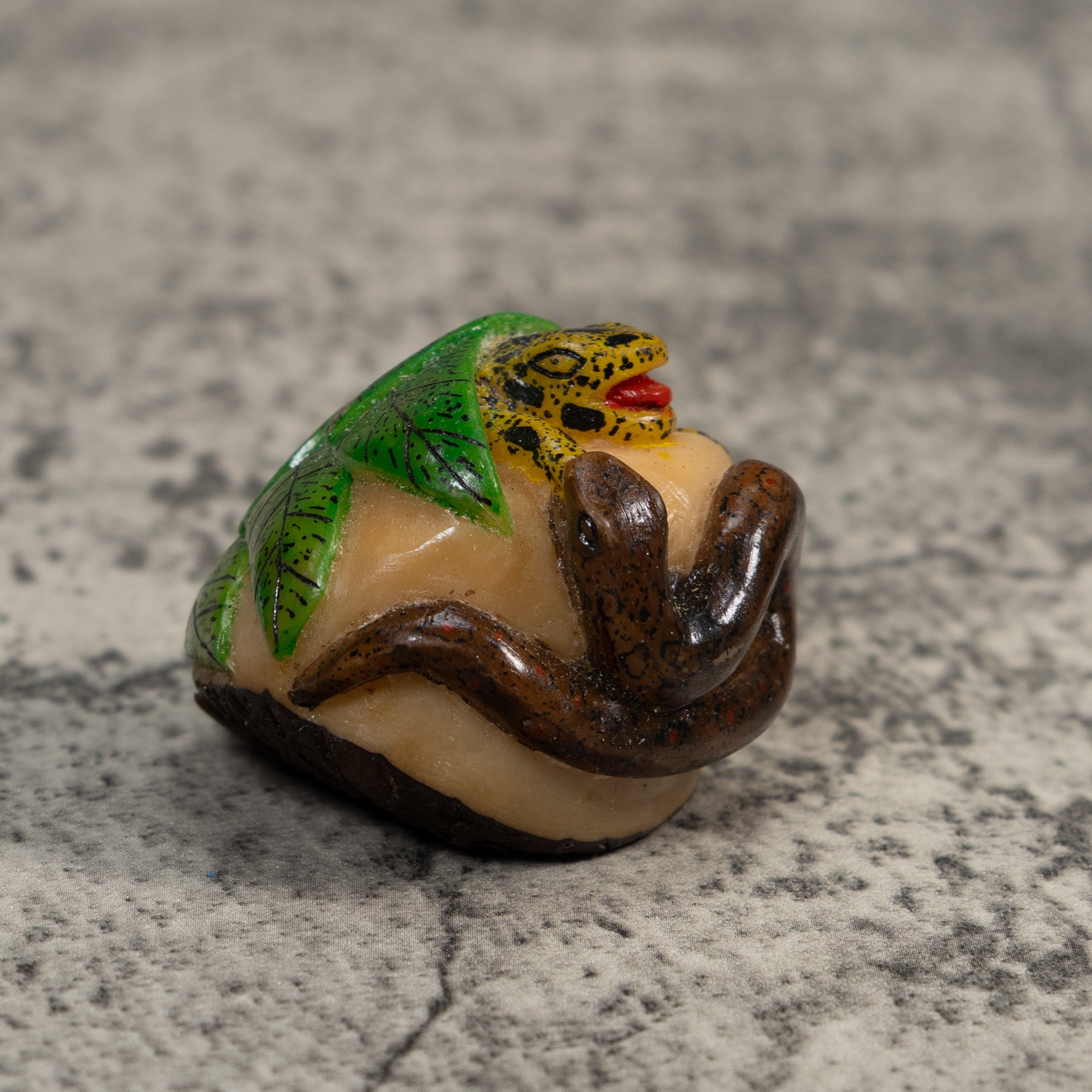 Yellow Brown And Green Snake Eating Frog Tagua Carving