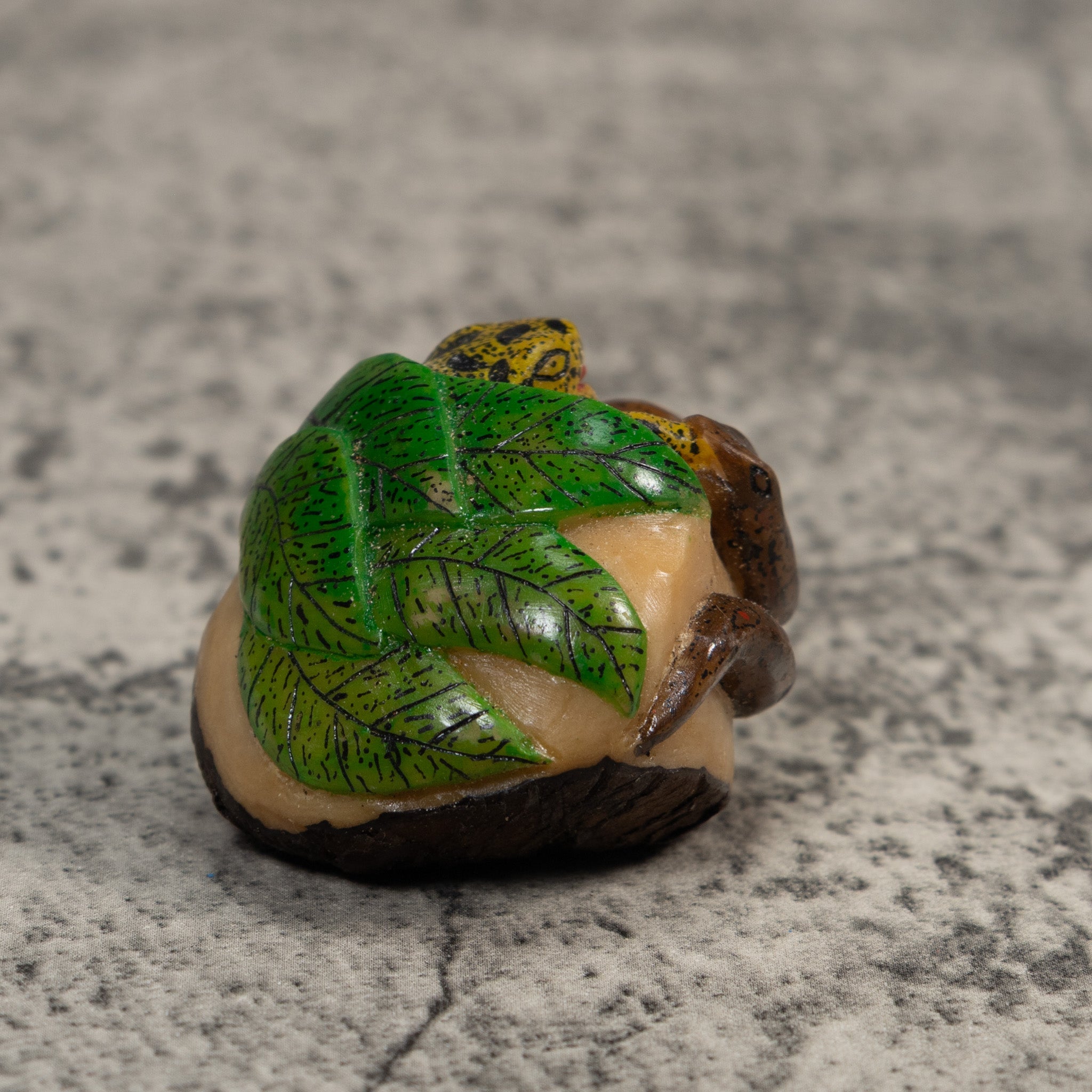 Yellow Brown And Green Snake Eating Frog Tagua Carving
