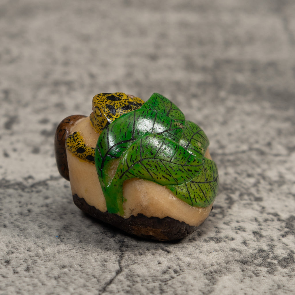 Yellow Brown And Green Snake Eating Frog Tagua Carving