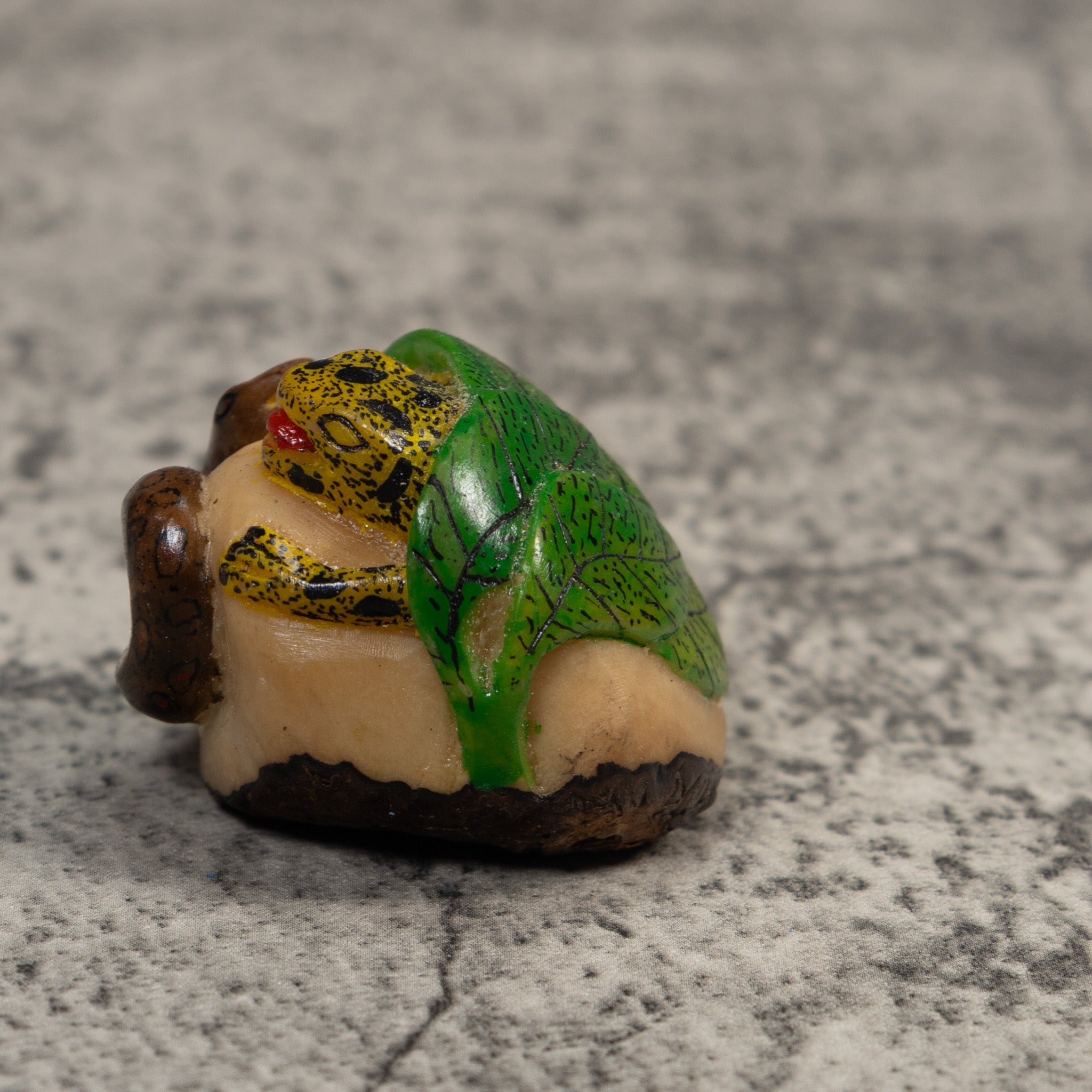 Yellow Brown And Green Snake Eating Frog Tagua Carving