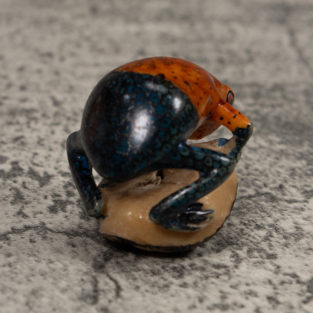 Vintage Blue And Red Frog Tagua Carving