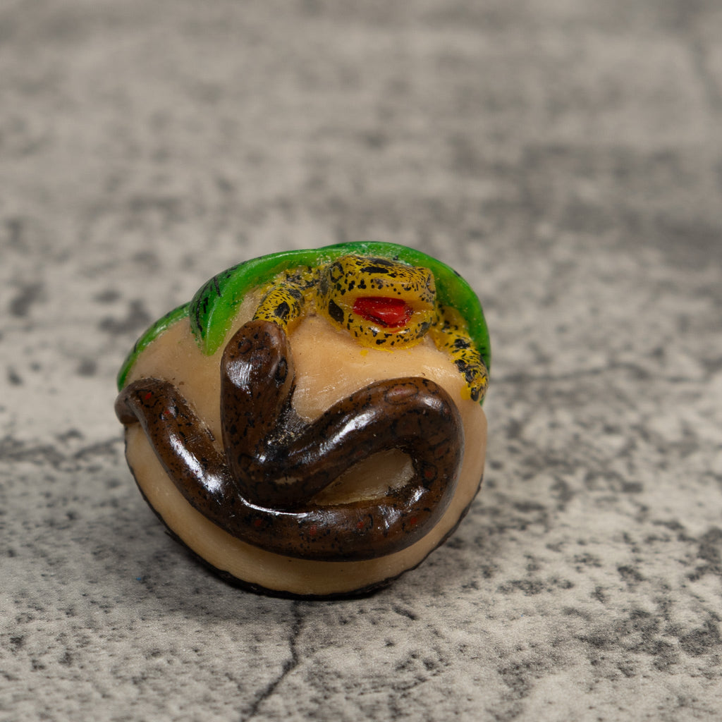 Yellow Brown And Green Snake Eating Frog Tagua Carving