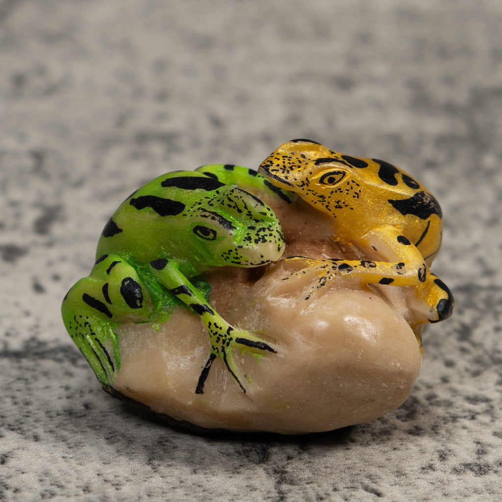 Double Gold And Green Frog Tagua Carving