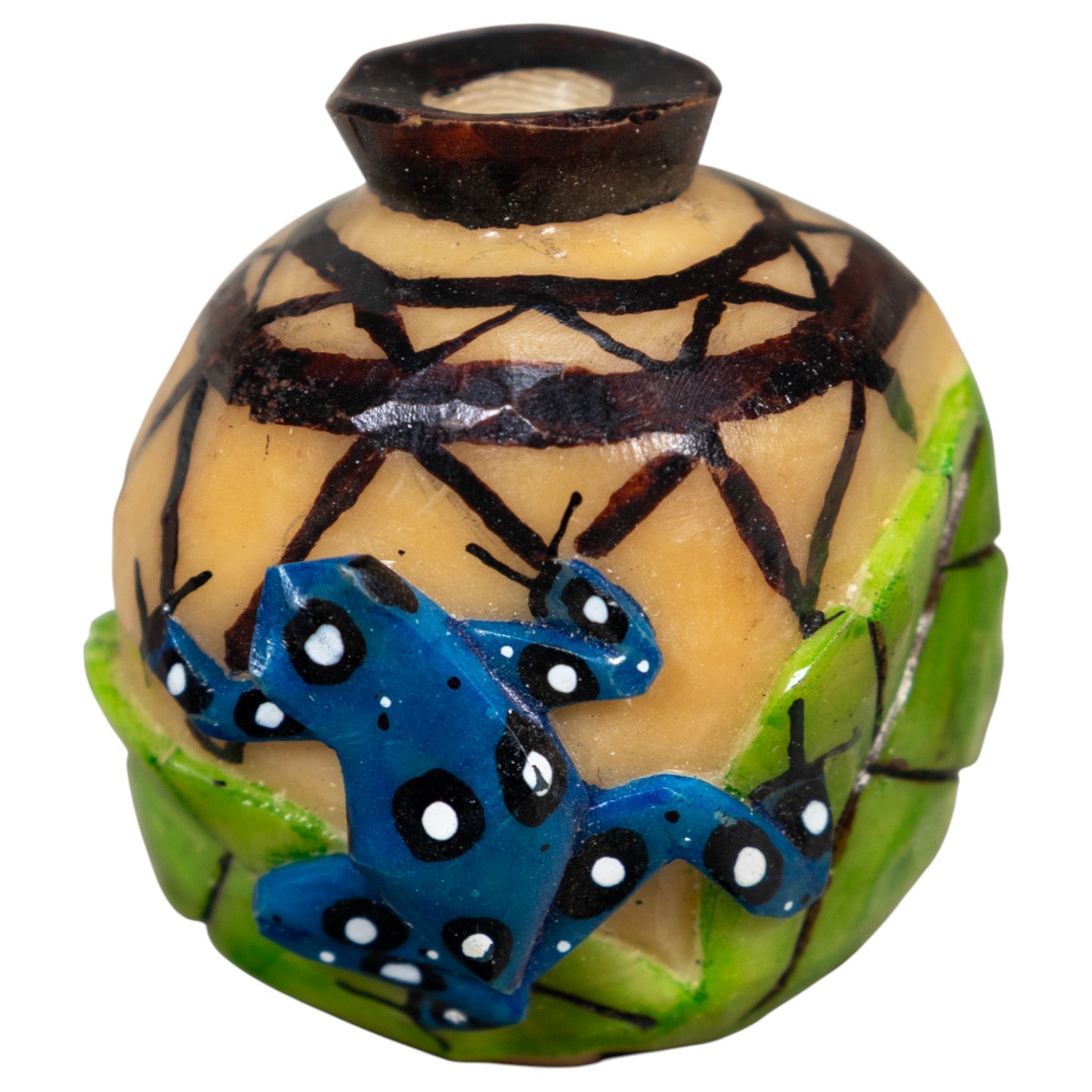 Etched Blue Frog On Vase Tagua Carving