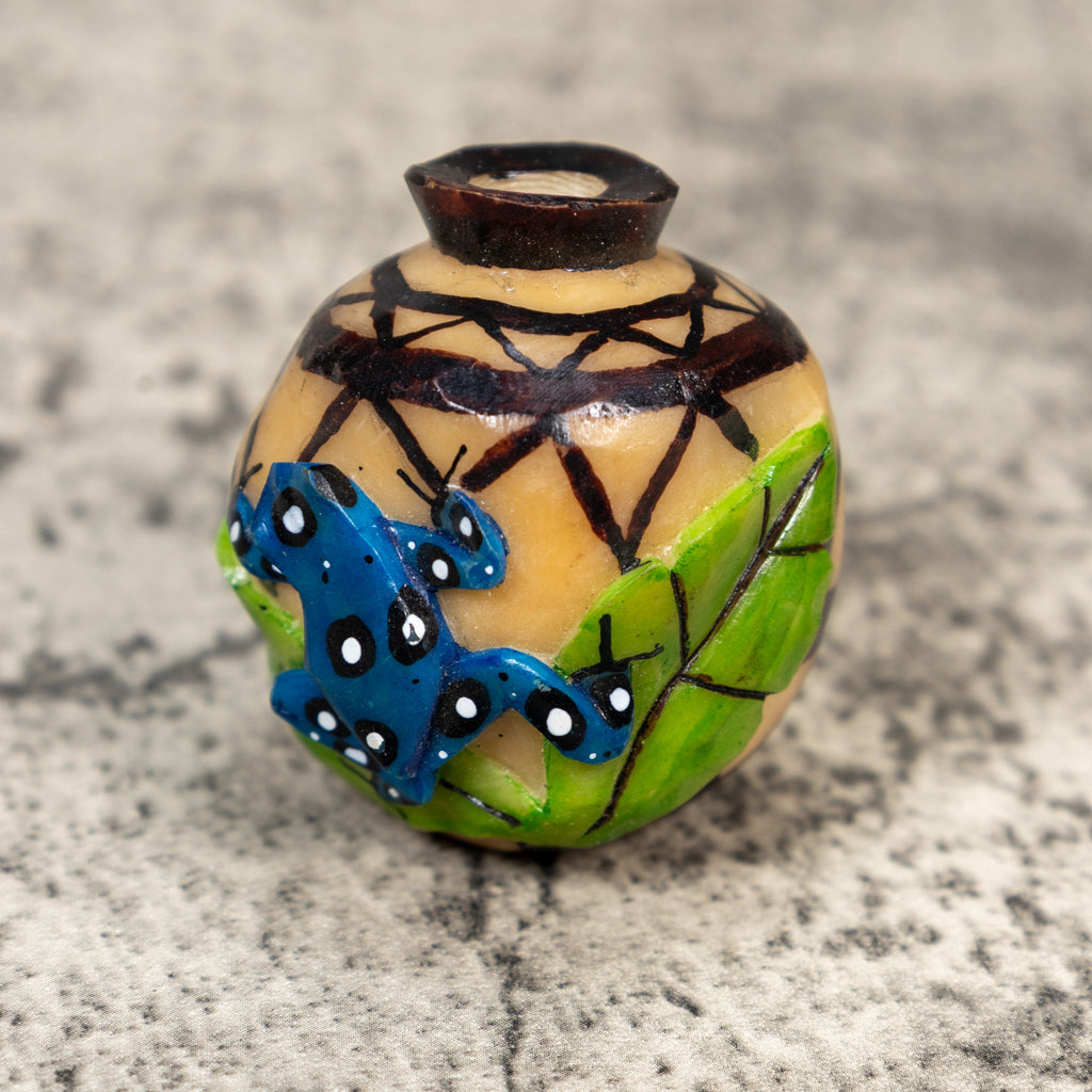 Etched Blue Frog On Vase Tagua Carving