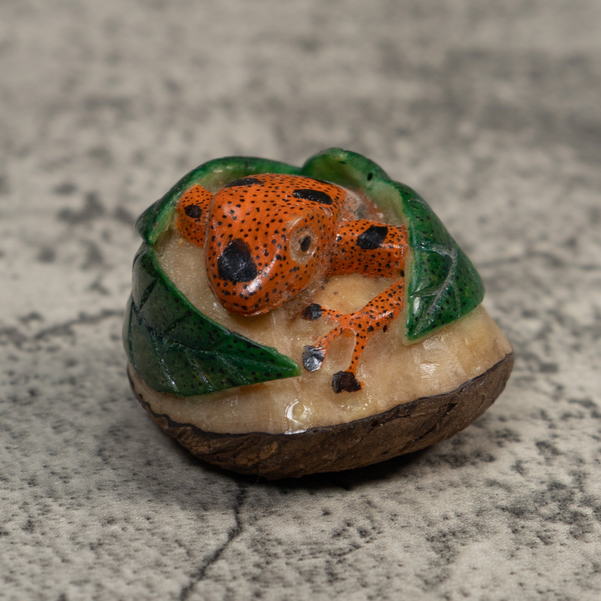 Vintage Orange Black And Green Frog Tagua Carving