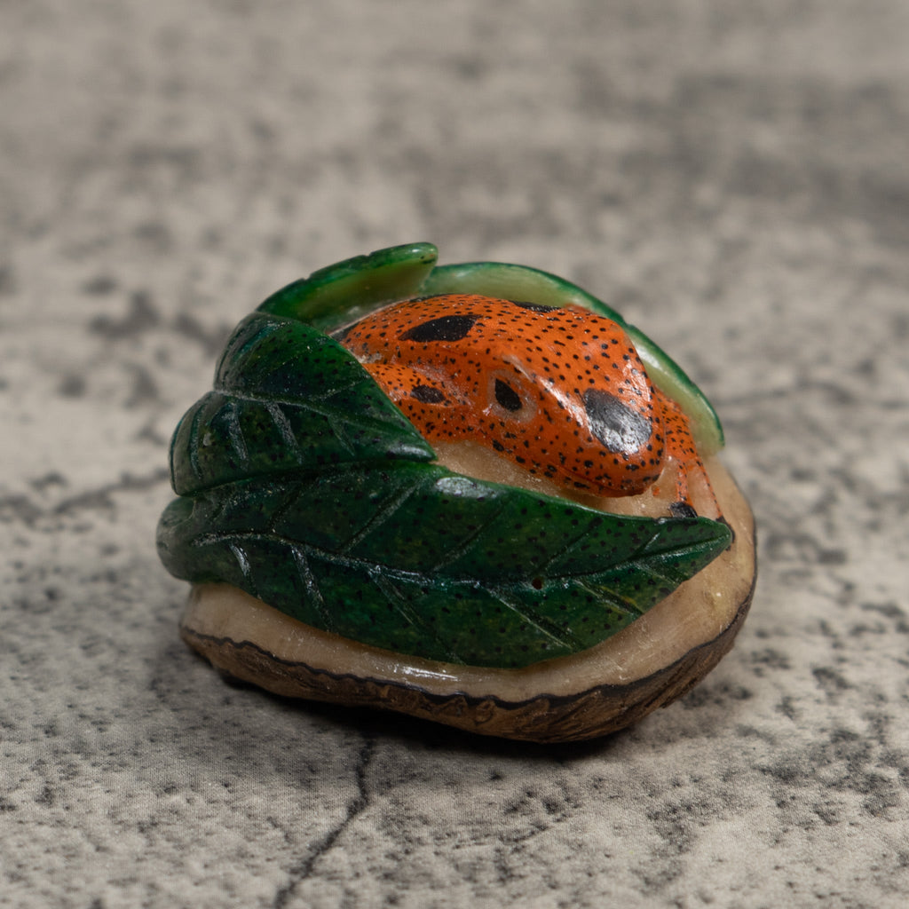 Vintage Orange Black And Green Frog Tagua Carving