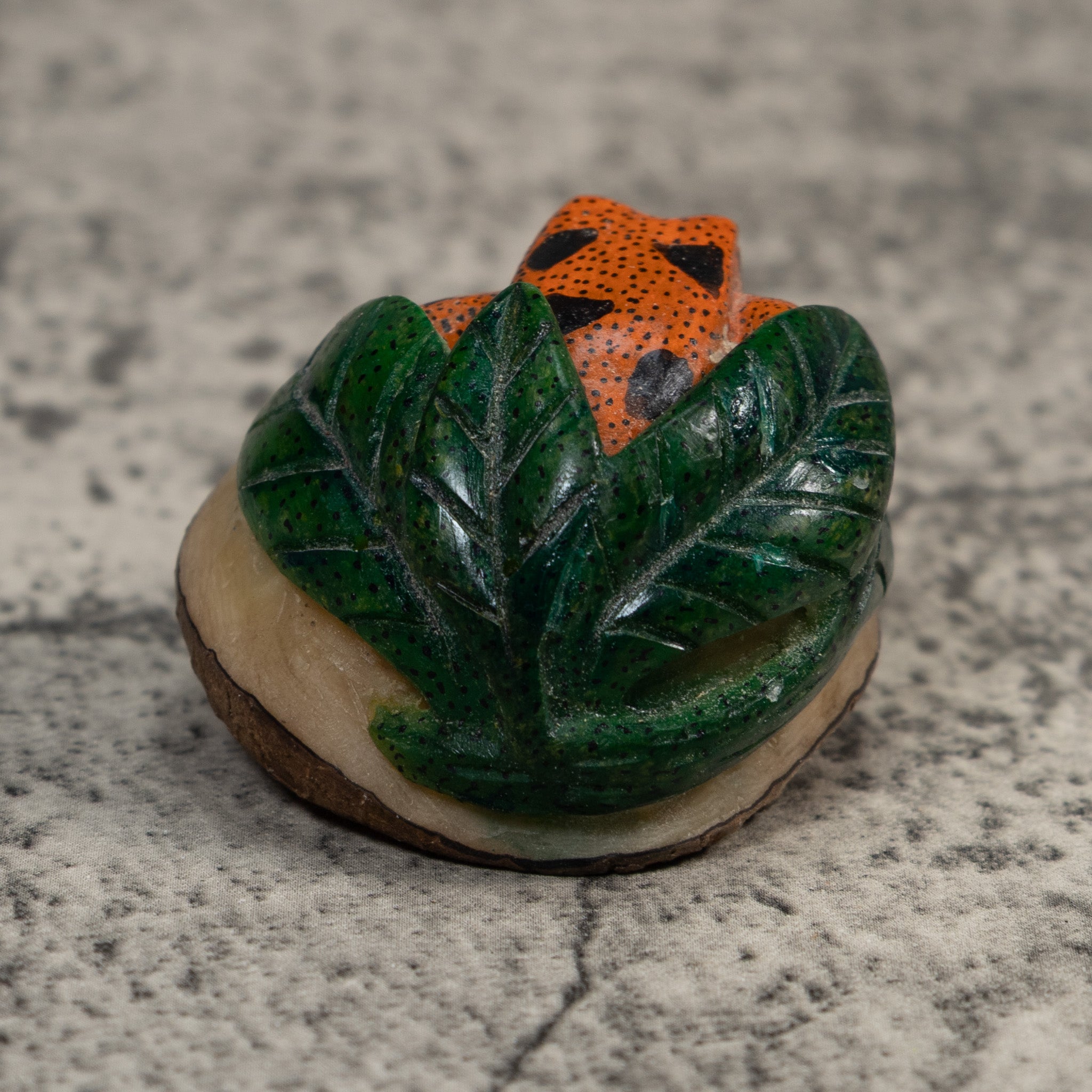 Vintage Orange Black And Green Frog Tagua Carving