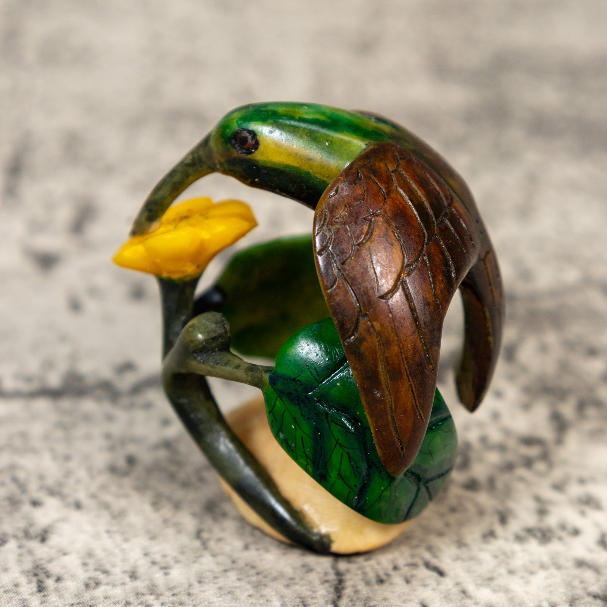 Vintage Green Yellow And Brown Hummingbird Tagua Carving