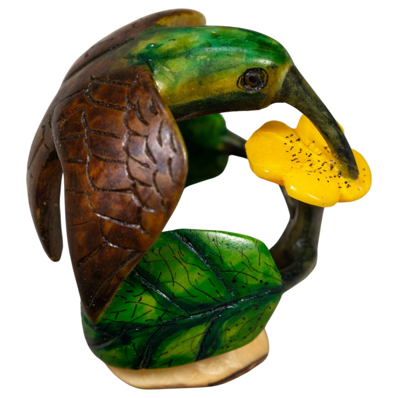 Vintage Green Yellow And Brown Hummingbird Tagua Carving