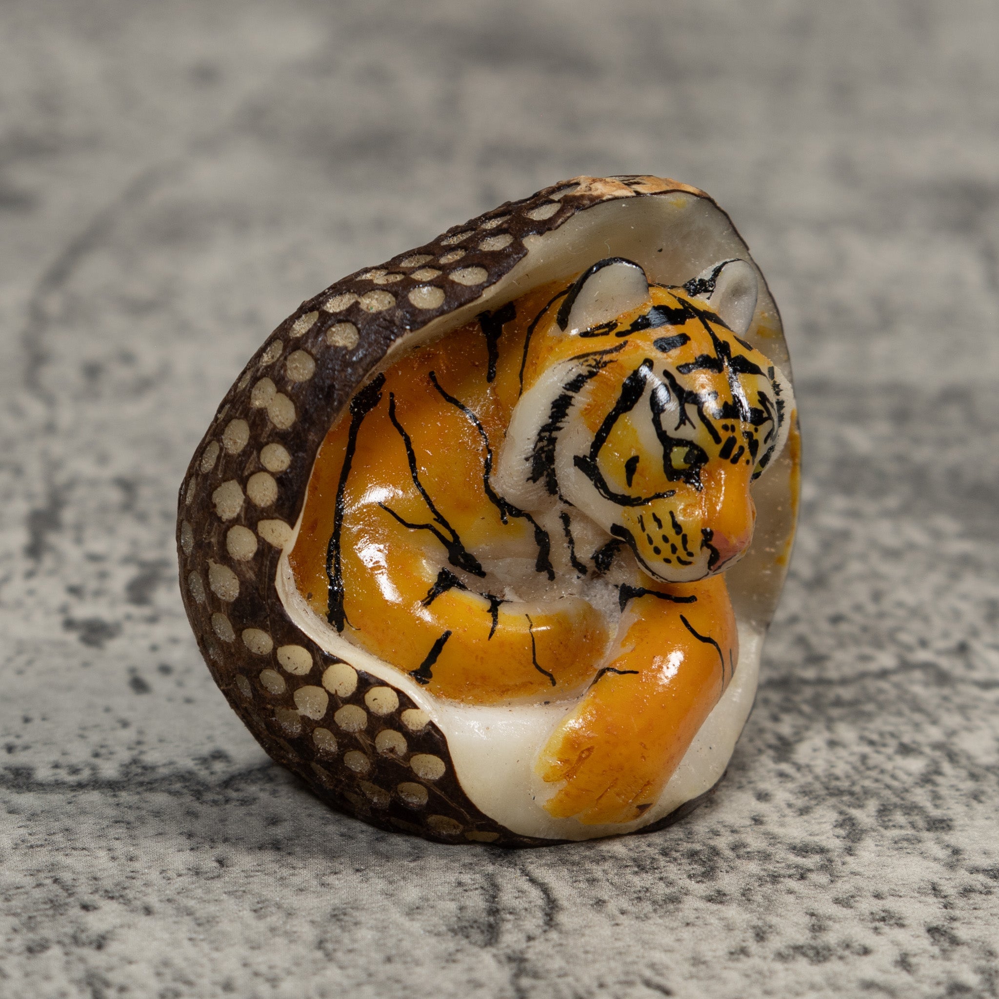 Orange And Black Bengal Tiger in Cave Tagua Carving
