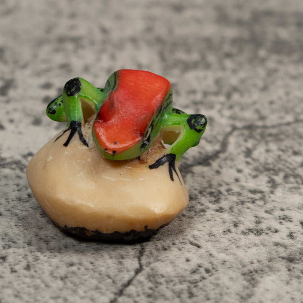 Vintage Red Green And Black Frog Tagua Carving