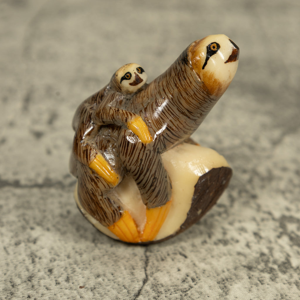 Stupendous Sloth With Cub Tagua Carving