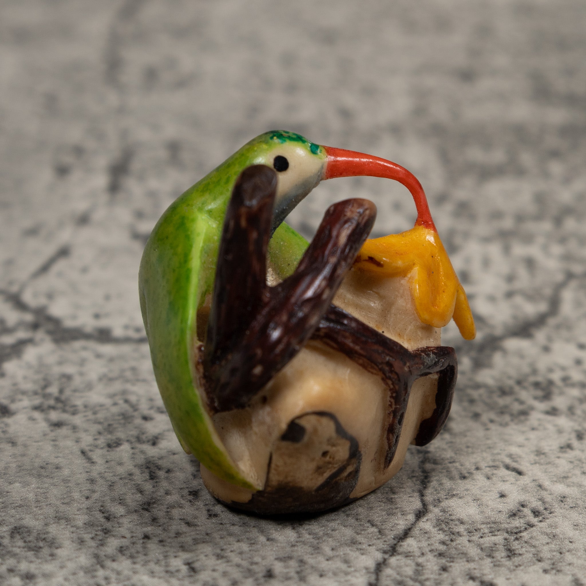 Vintage Red Yellow And Green Hummingbird Tagua Carving