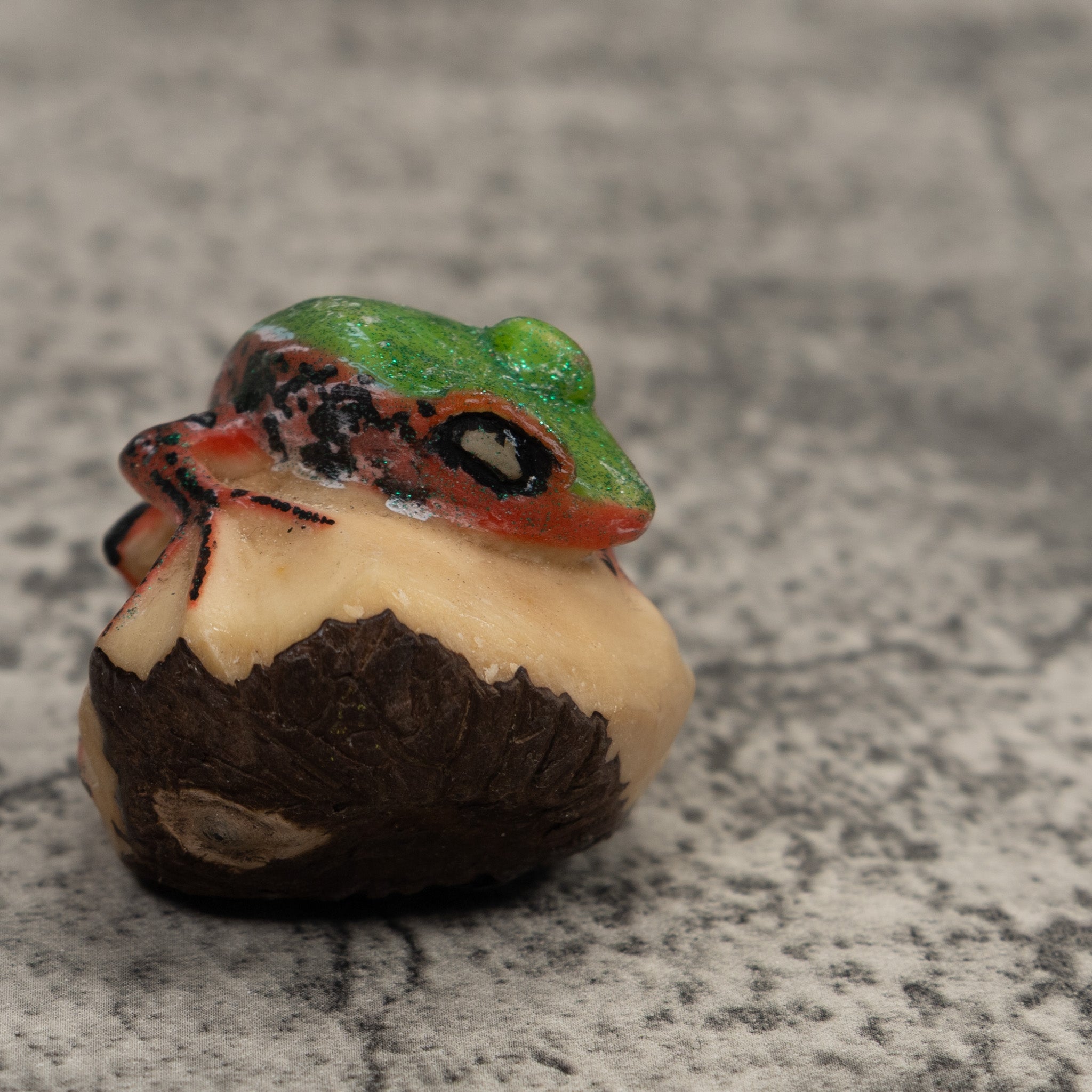 Green Orange And Black Frog Tagua Carving