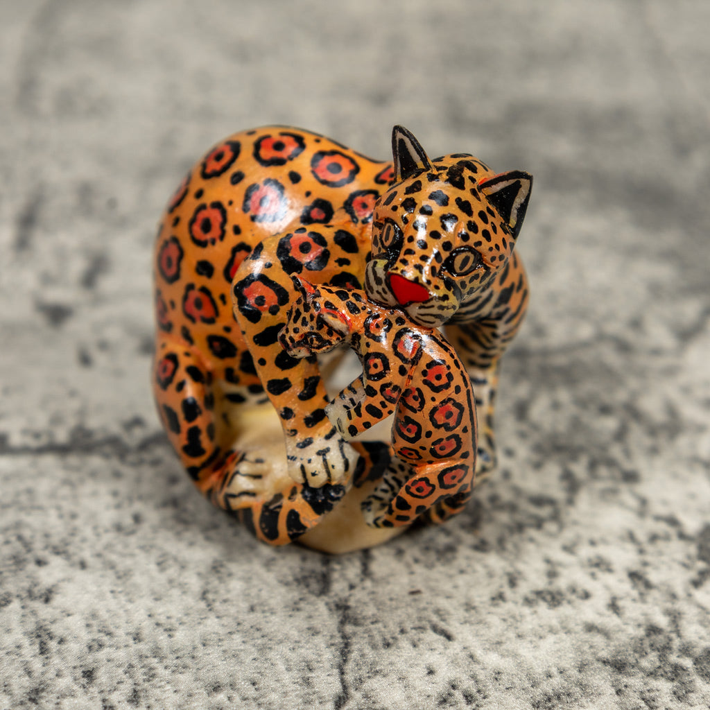 Black And Orange Jaguar Cat With Kitten Tagua Carving