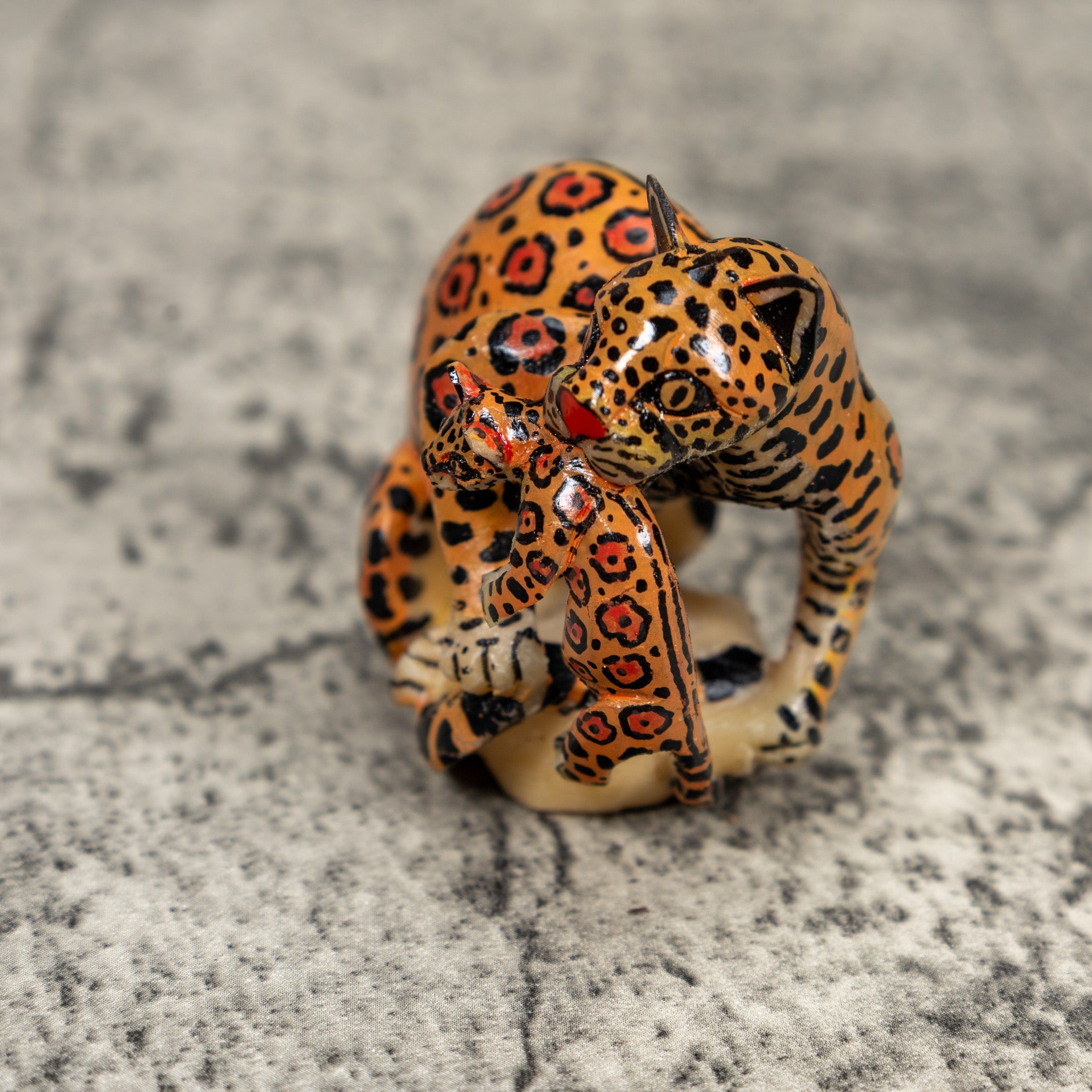 Black And Orange Jaguar Cat With Kitten Tagua Carving