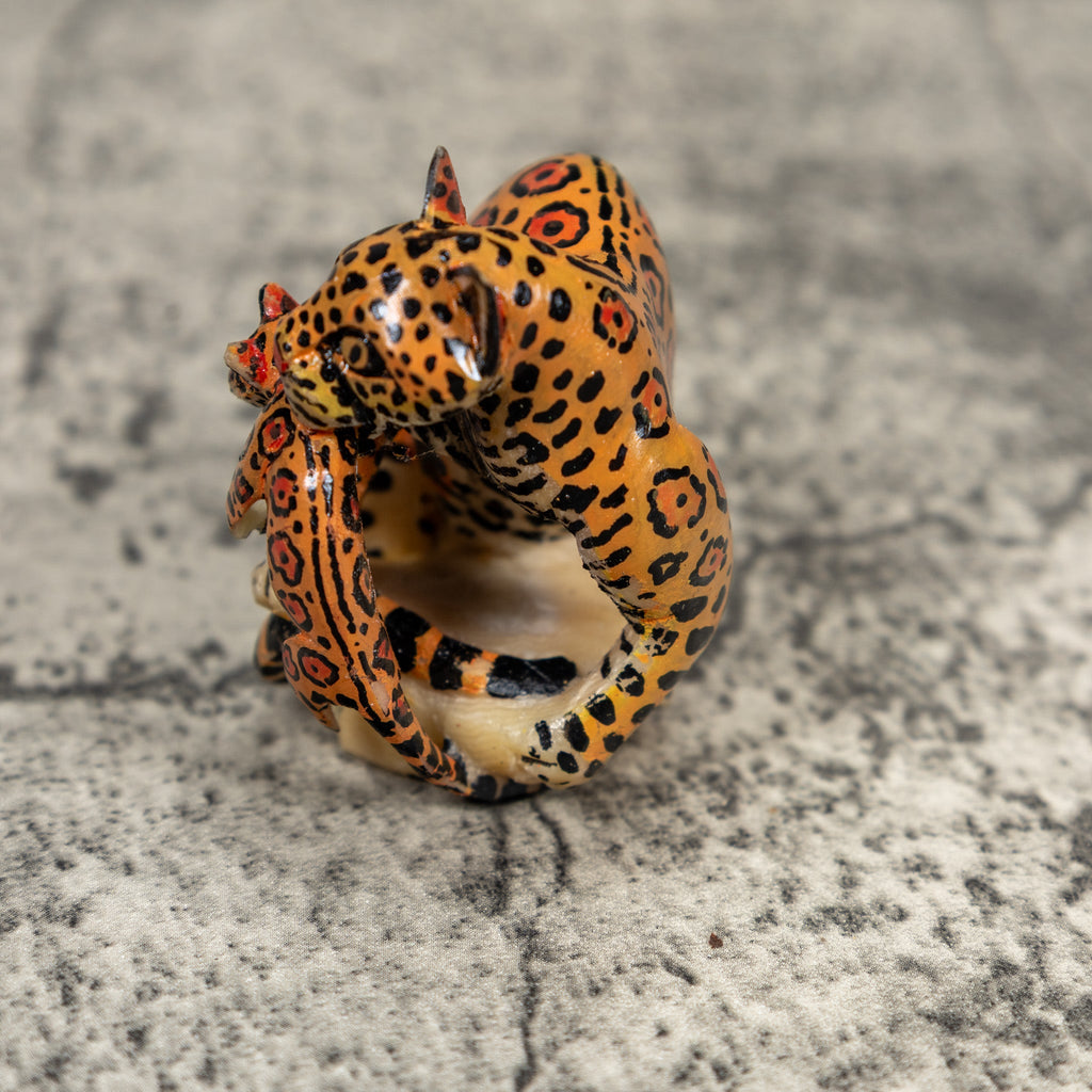 Black And Orange Jaguar Cat With Kitten Tagua Carving