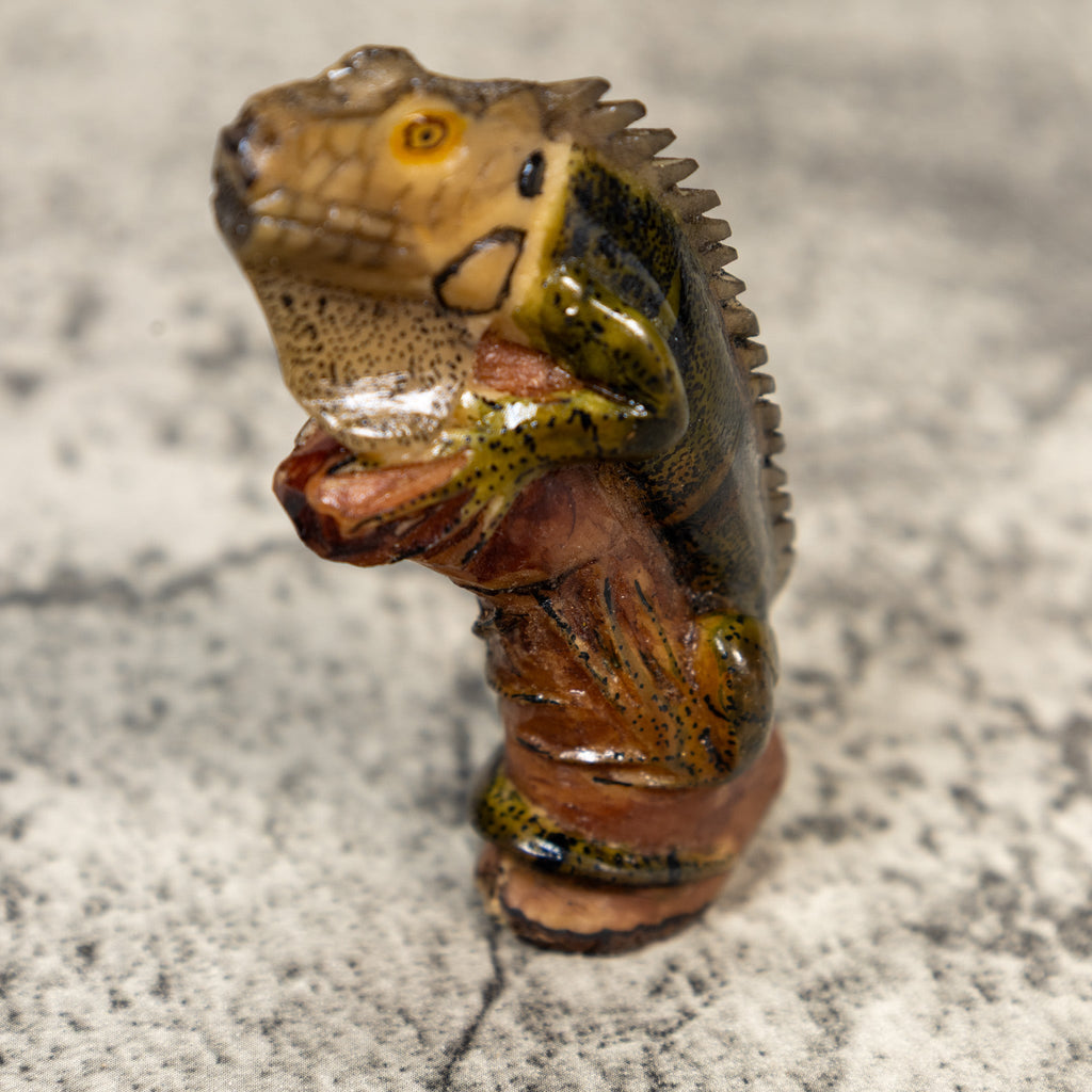 Green Black And Gray Iguana On Pedestal Tagua Carving