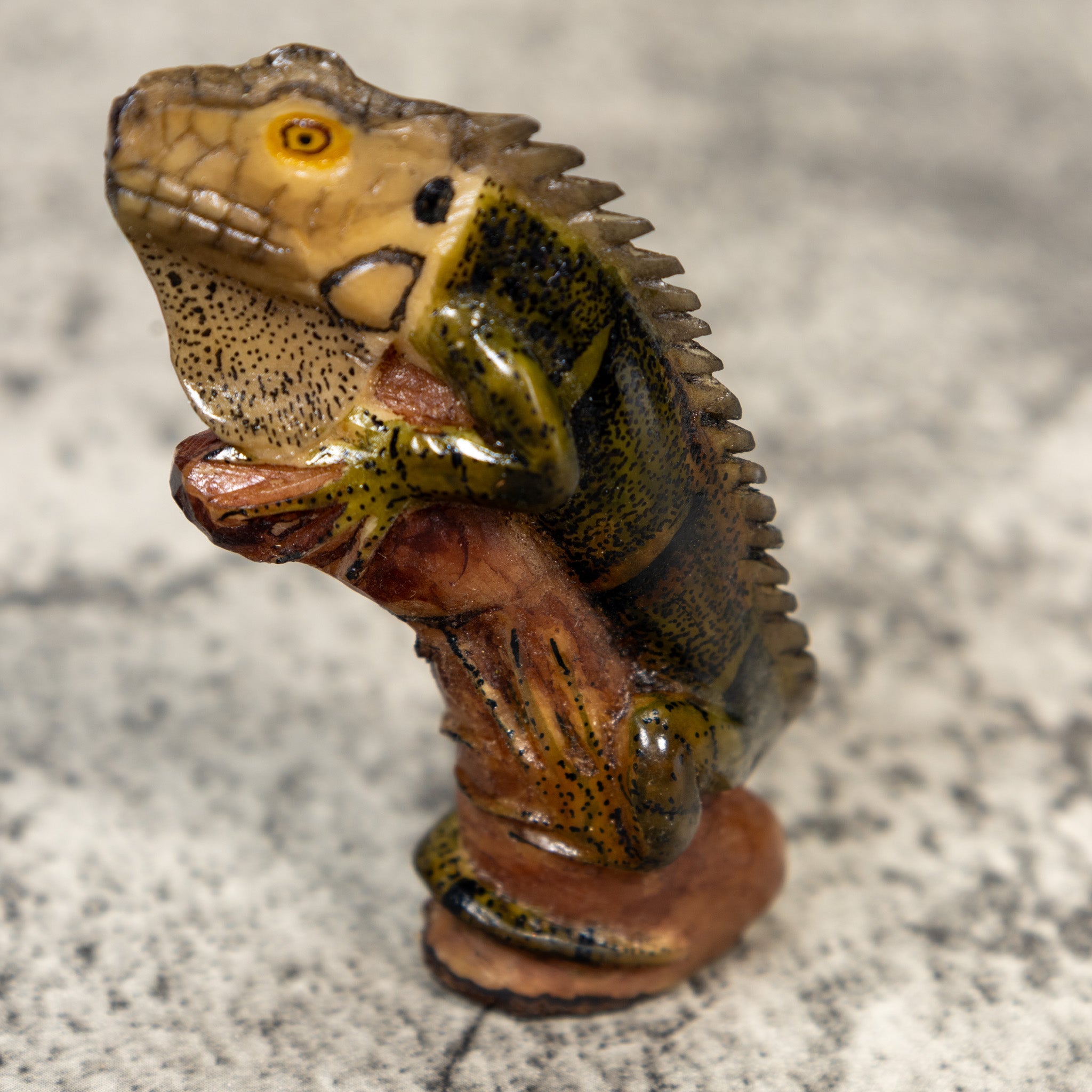 Green Black And Gray Iguana On Pedestal Tagua Carving
