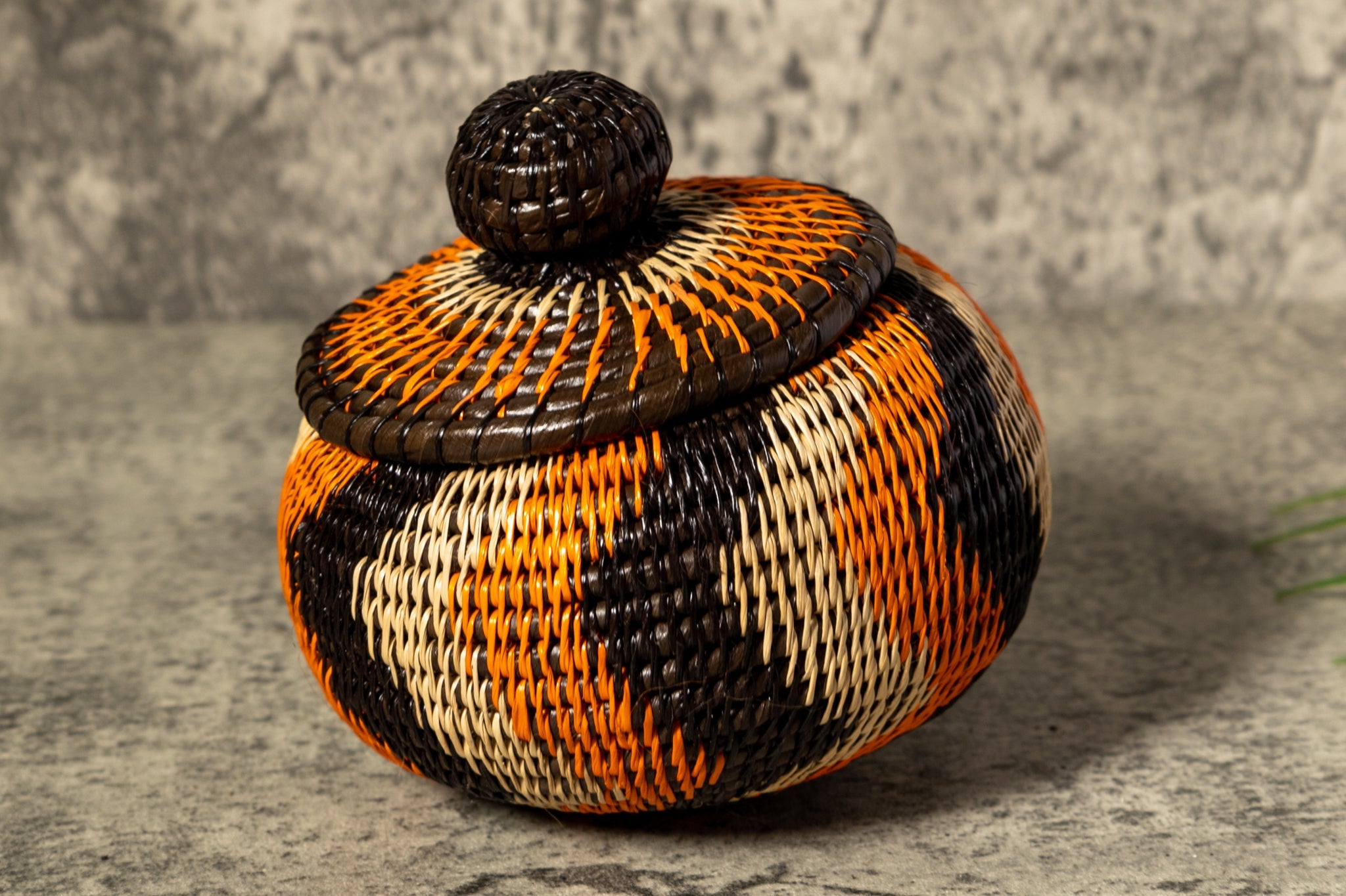 Orange Black And Gray Swirl Woven Basket With Top