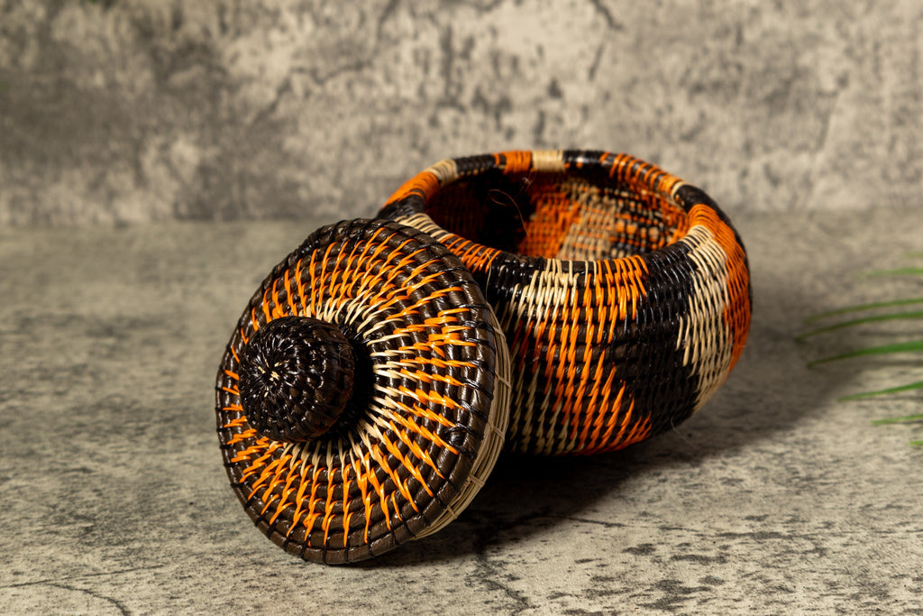 Orange Black And Gray Swirl Woven Basket With Top