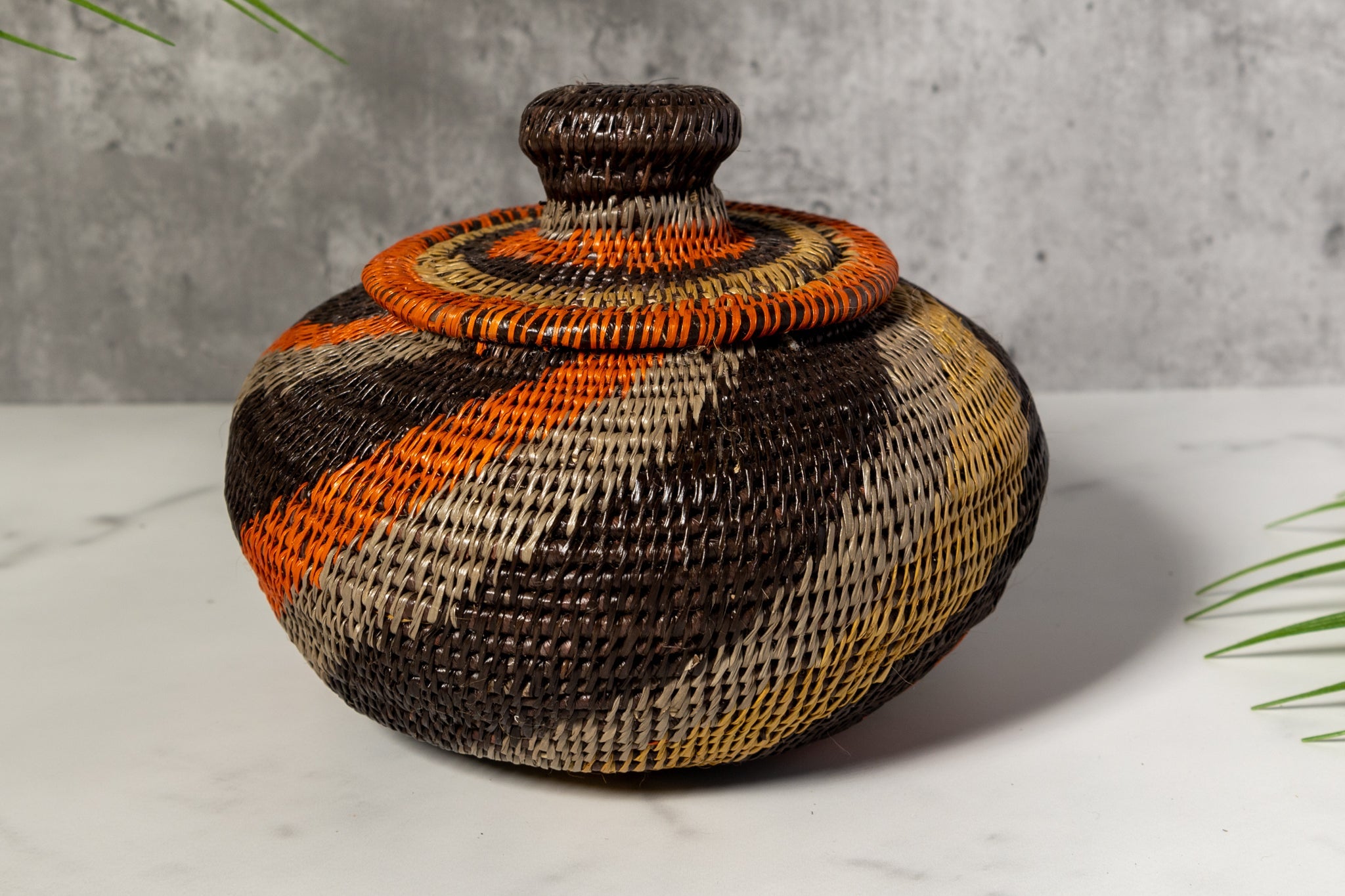 Black orange And Gray Woven Basket With Top