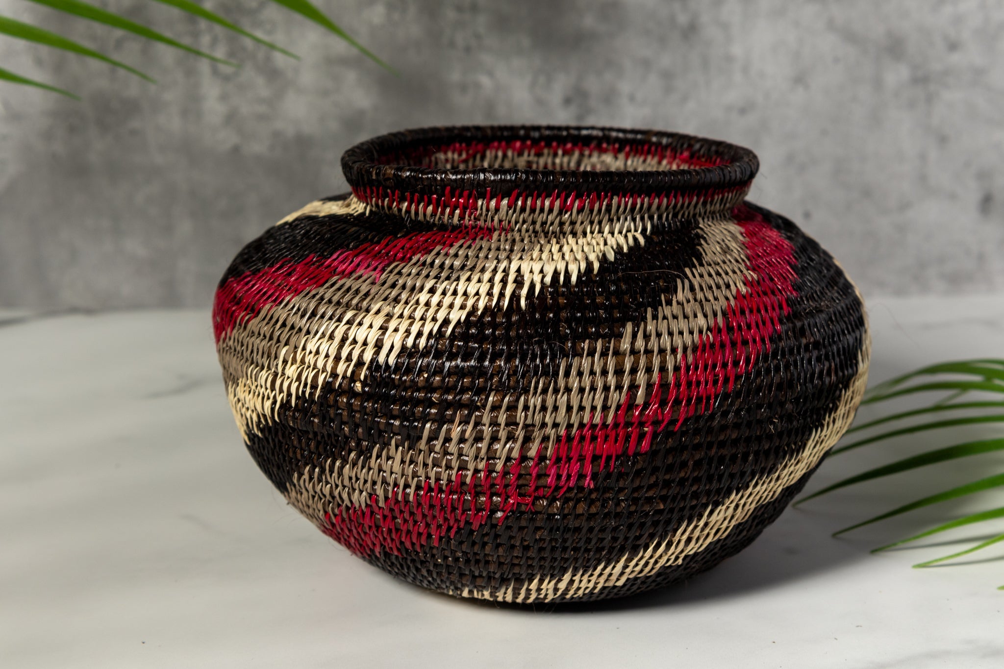 Black White And Red Spiral Woven Basket