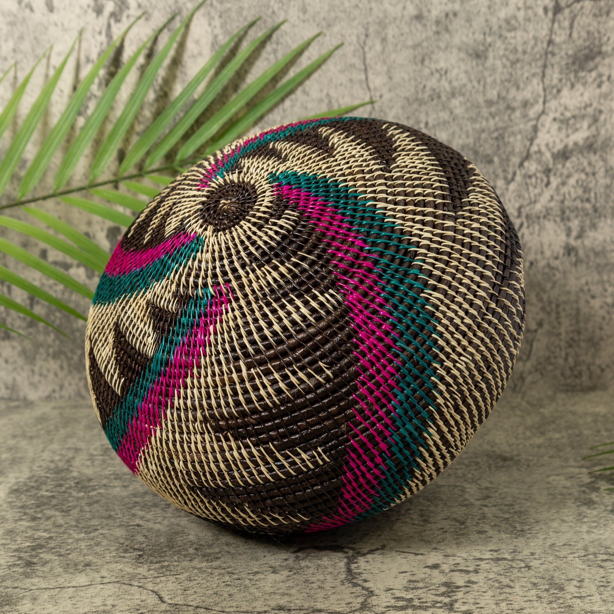 Purple Green Black And White Palm Frond Rainforest Basket With Top